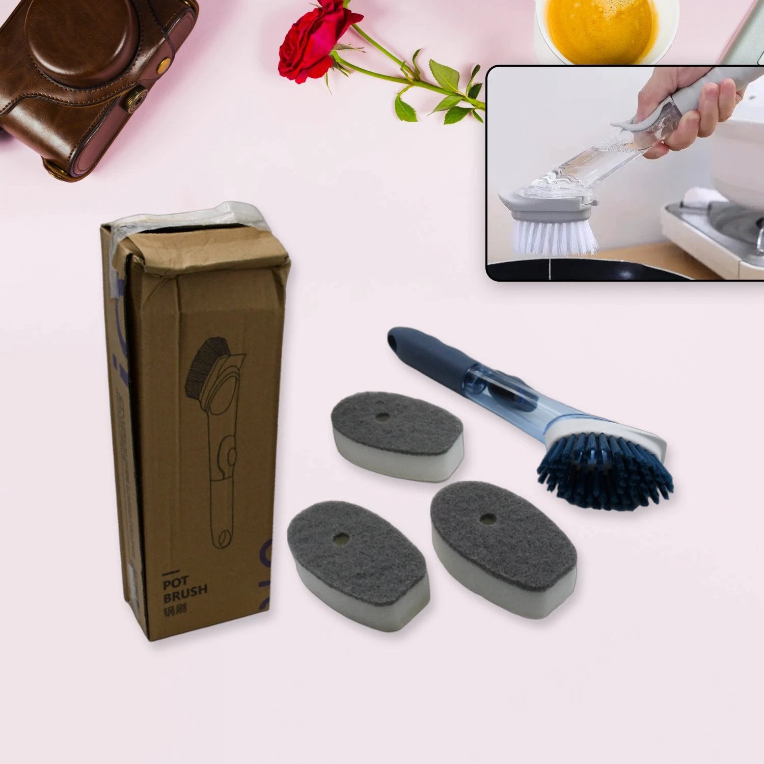 1271c Mix Color Dish Scrubber With Soap Dispenser Soap Dispensing Dish Brush Set Dishwashing Brushes Kitchen Scrub Dish Wand For Dishes Sink Pot Pan Cleaning And Washing1 Handle3refill Replacement Head - 69kart
