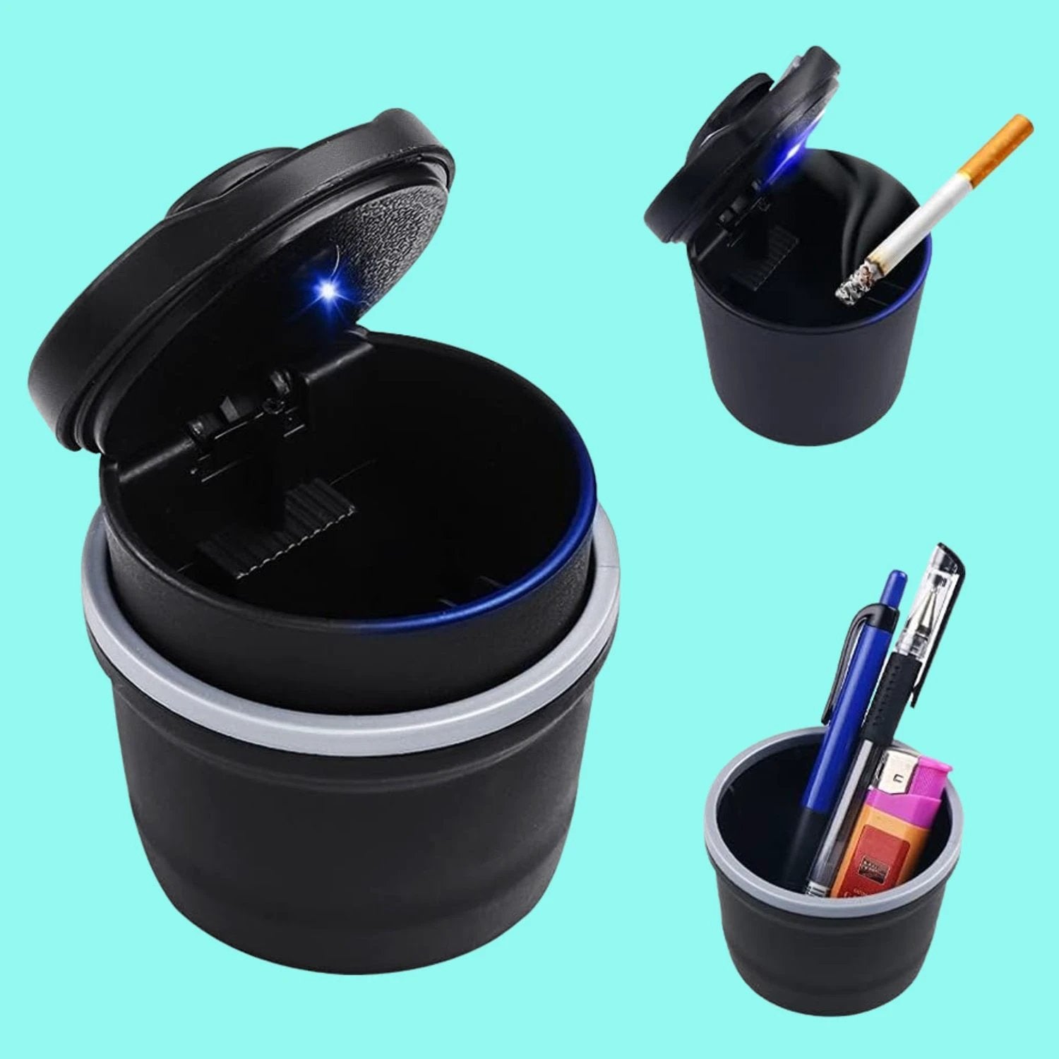 Portable Car Ashtray With Lid And Blue Led Light (1 Pc) - 69kart