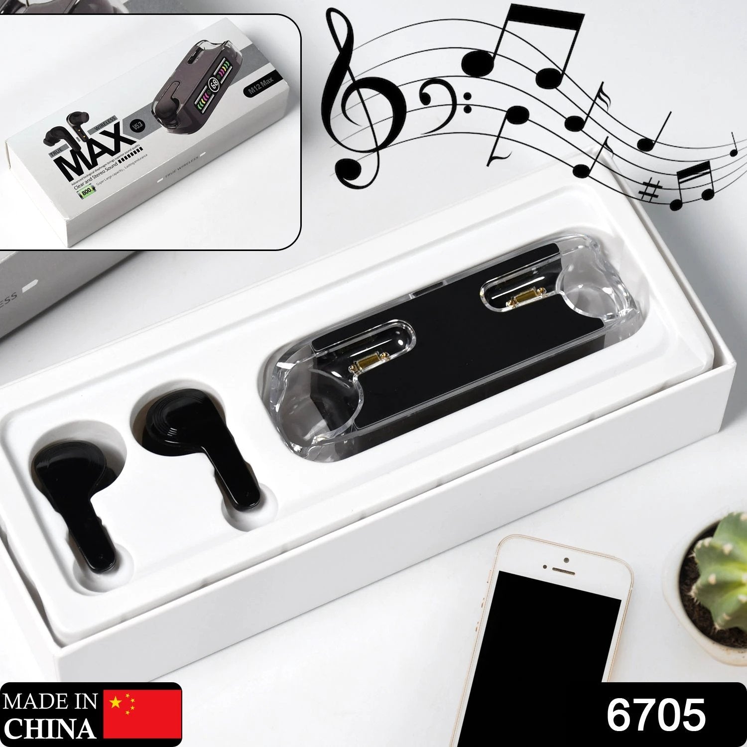 6705 Earphones With Touch Control Black Bluetooth M12 Max Wireless Technology Stereo Sound Made With High-end Material by Wukusy