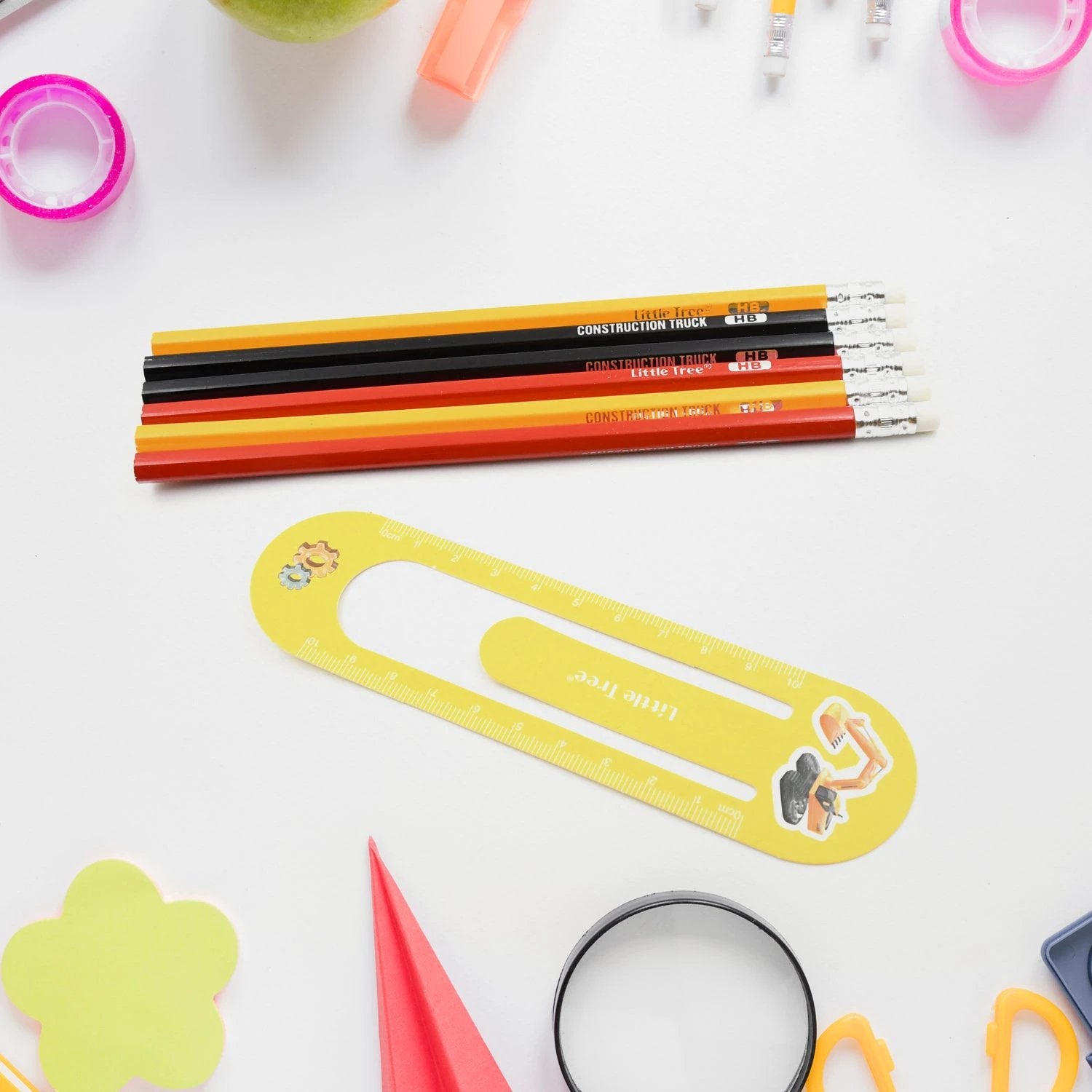 4547 Pencil And Eraser Set Construction Truck Theme Stationery Kit Includes 6 Pencils 4 Erasers 1 Sharpener 1 Ruler Bookmark 1 Pencil Cap Stationary For Birthday Gifts For Kids Birthday Return Gifts (13 Pc Set) - 69KART