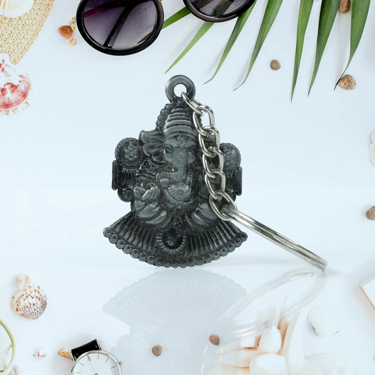 Lord Ganesha Sitting Design Silver Keychain by Wukusy