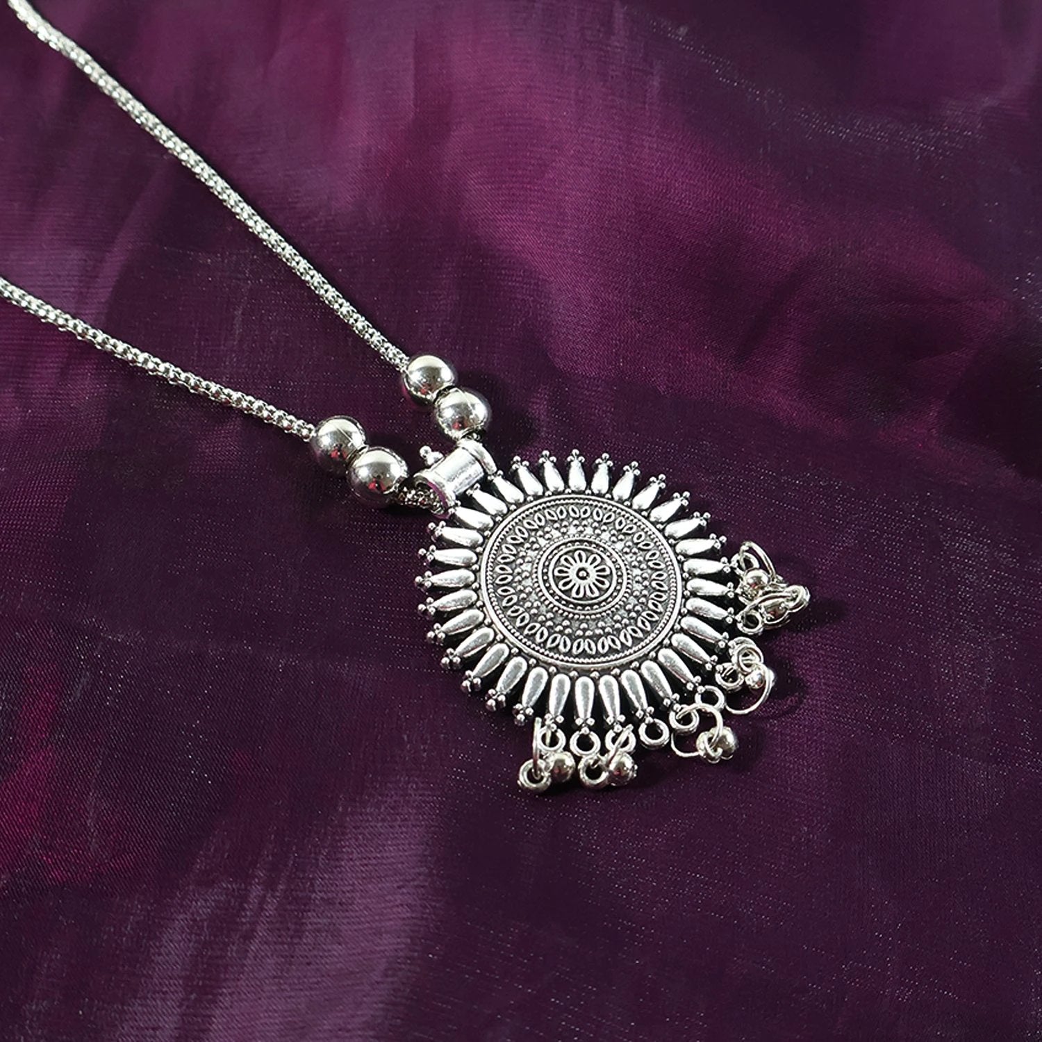 Oxidised Silver Traditional Long Necklace (1 Pc) - 69kart