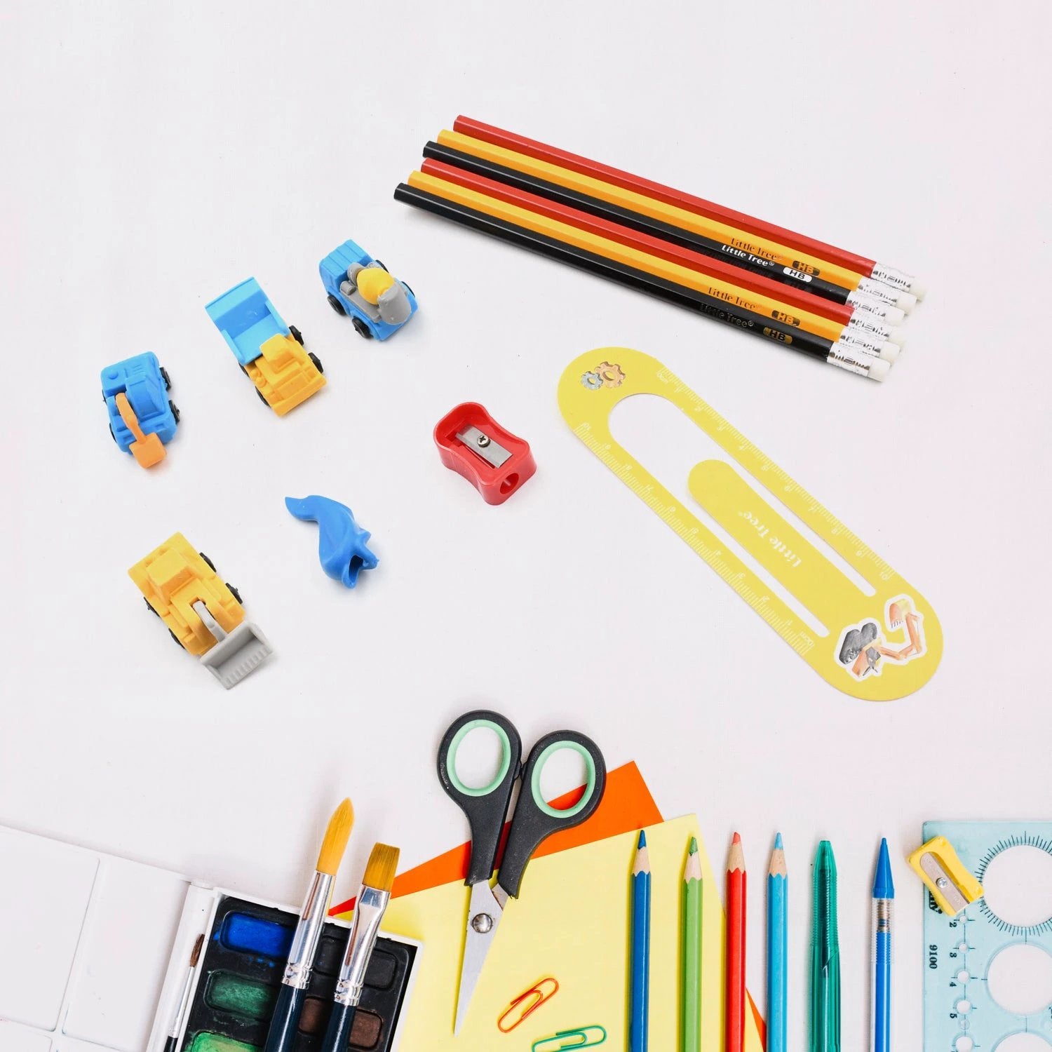 4547 Pencil And Eraser Set Construction Truck Theme Stationery Kit Includes 6 Pencils 4 Erasers 1 Sharpener 1 Ruler Bookmark 1 Pencil Cap Stationary For Birthday Gifts For Kids Birthday Return Gifts (13 Pc Set) - 69KART