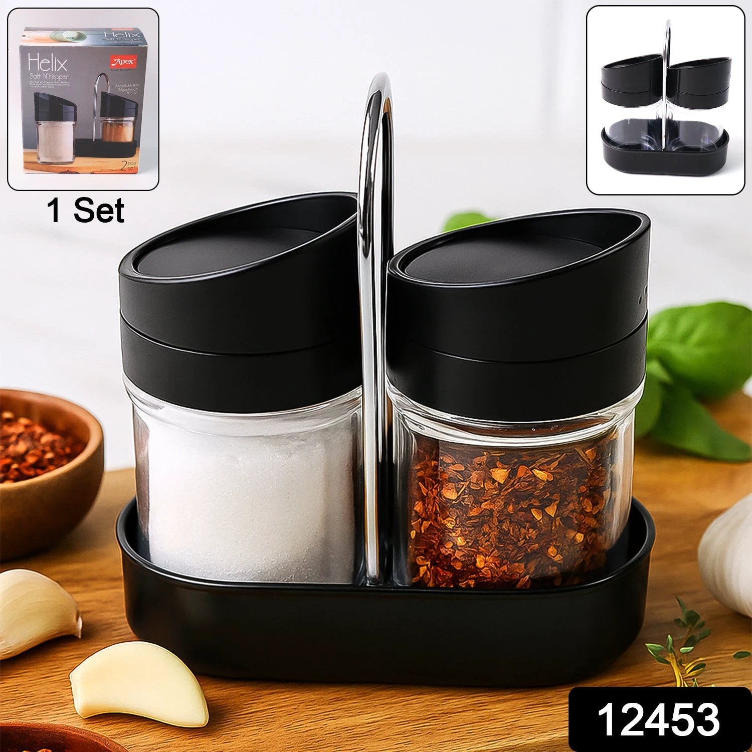Apex Helix Salt N Pepper 2-piece Plastic Jar Set With Stand by Wukusy