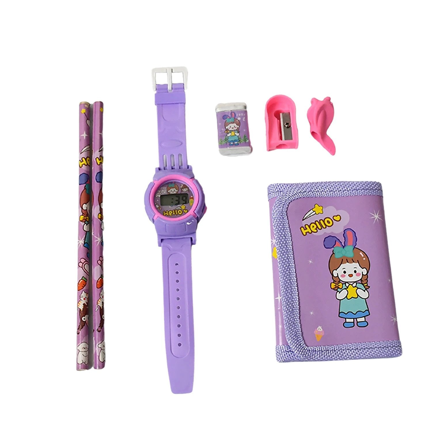 17526 Stationery Set For Girls And Boys  Kids Return Gift - 7 In 1 School Items For Kids-pencils Eraser Sharpener Pouch Pencil Extender  Birthday Gift Idea Stationary Kit Set For School Kids (Pack Of 7 Pcs Set) - 69KART