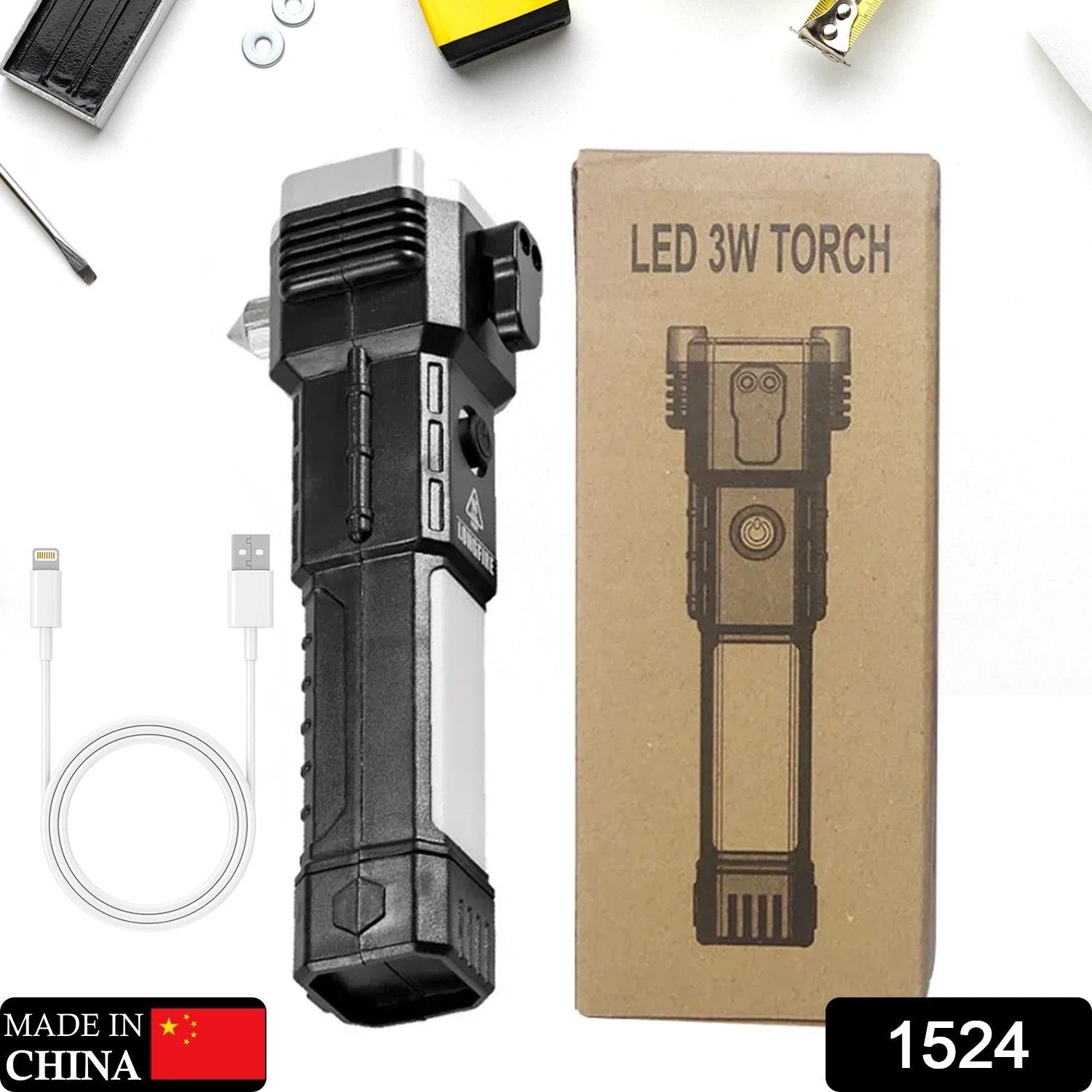 1524 Portable 3w Rechargeable Torch Led Flashlight Long Distance Beam Range Hammer And Strong Magnets Window Glass And Seat Belt Cutter 4 Modes For Car Camping Hiking Indoor Outdoor by Wukusy