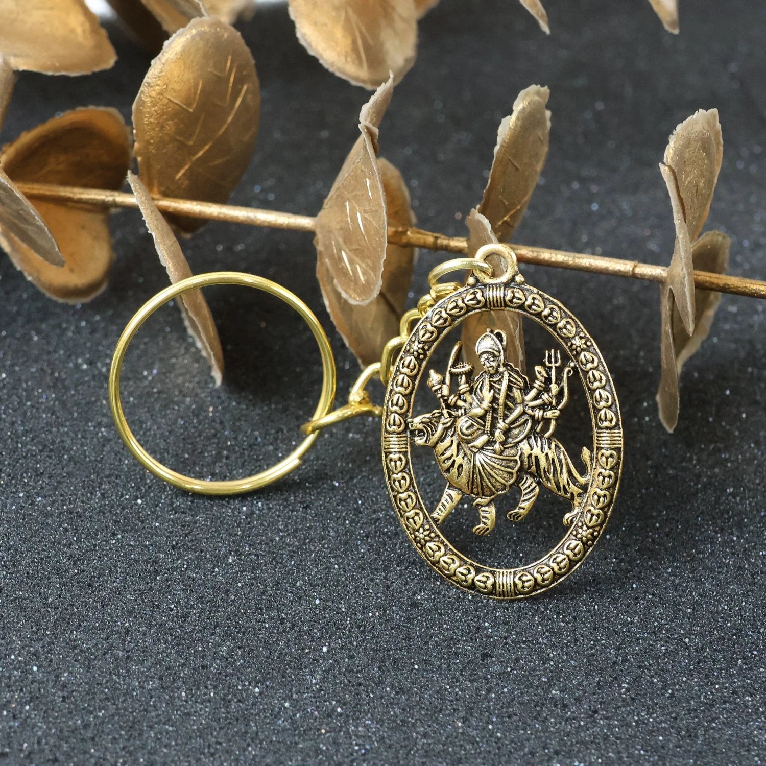 Maa Durga Oval Frame Golden Keychain by Wukusy