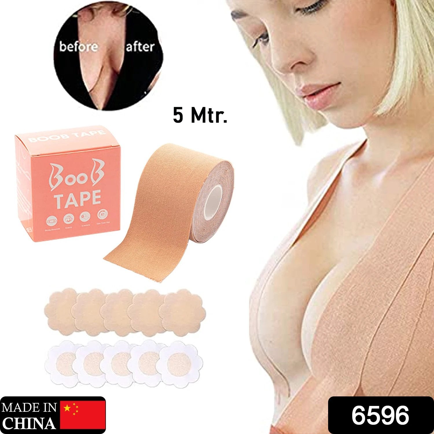 6596 Boob Tape With 10 Pairs Nipple Cover Cotton Wide Thin Breast Tape - Womens Girls Breast Lift Booby Tape - Push Up Lifting Tape - Suitable For All Breast Types - Breast Lift Bra Tape - Bob Tape For Natural Breast Lift (1 Pc 5 Meters) by Wukusy