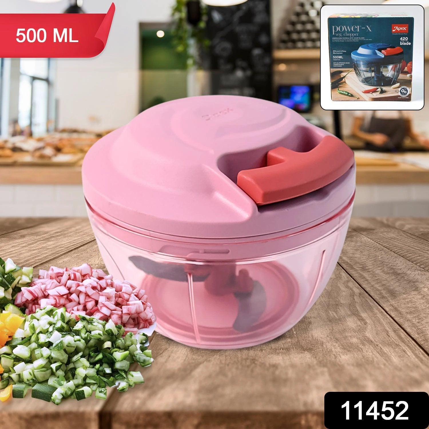 Apex Power-x Triple Stainless Steel Blades And Hand-pull Vegetable Chopper (500ml) by Wukusy