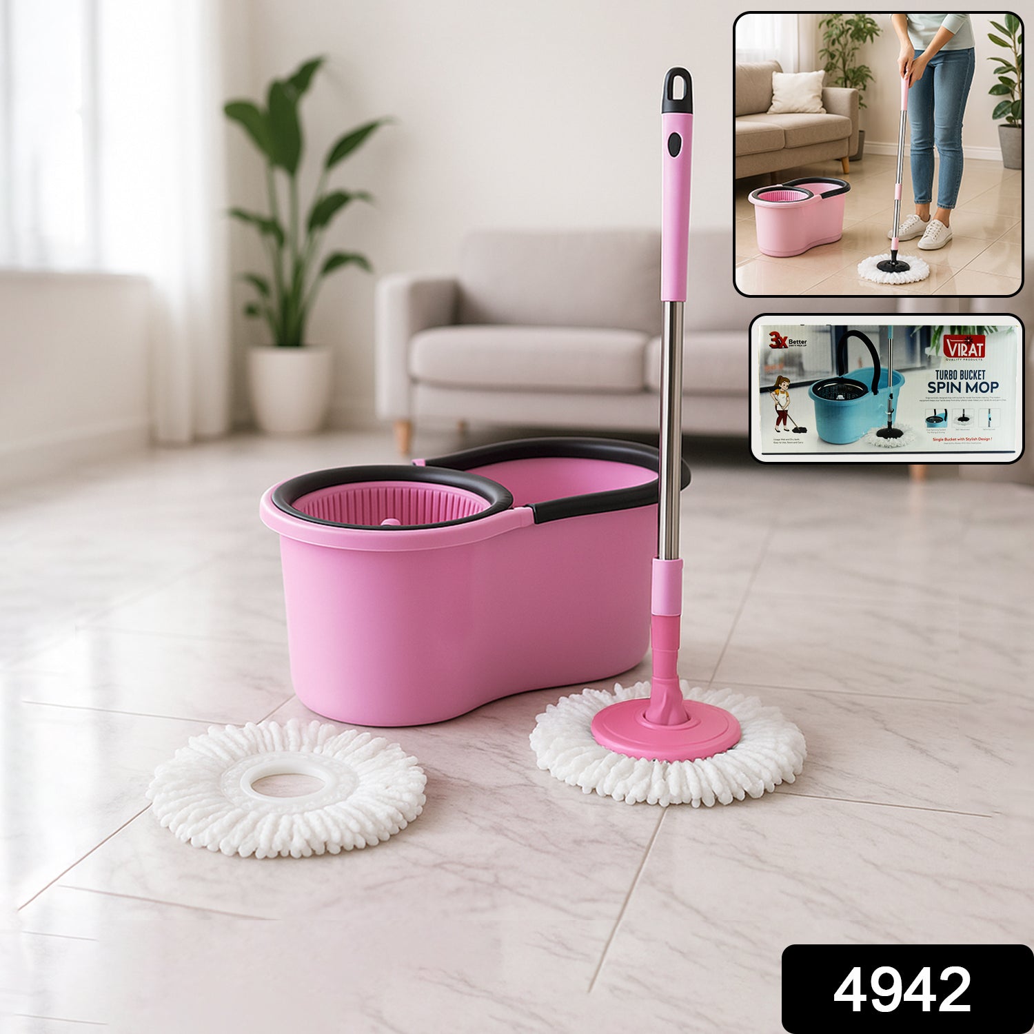 4942 Quick Spin Mop With Steel Spin Bucket Floor Cleaning Easy Wheels  Big Bucket Floor Cleaning Mop With Bucket