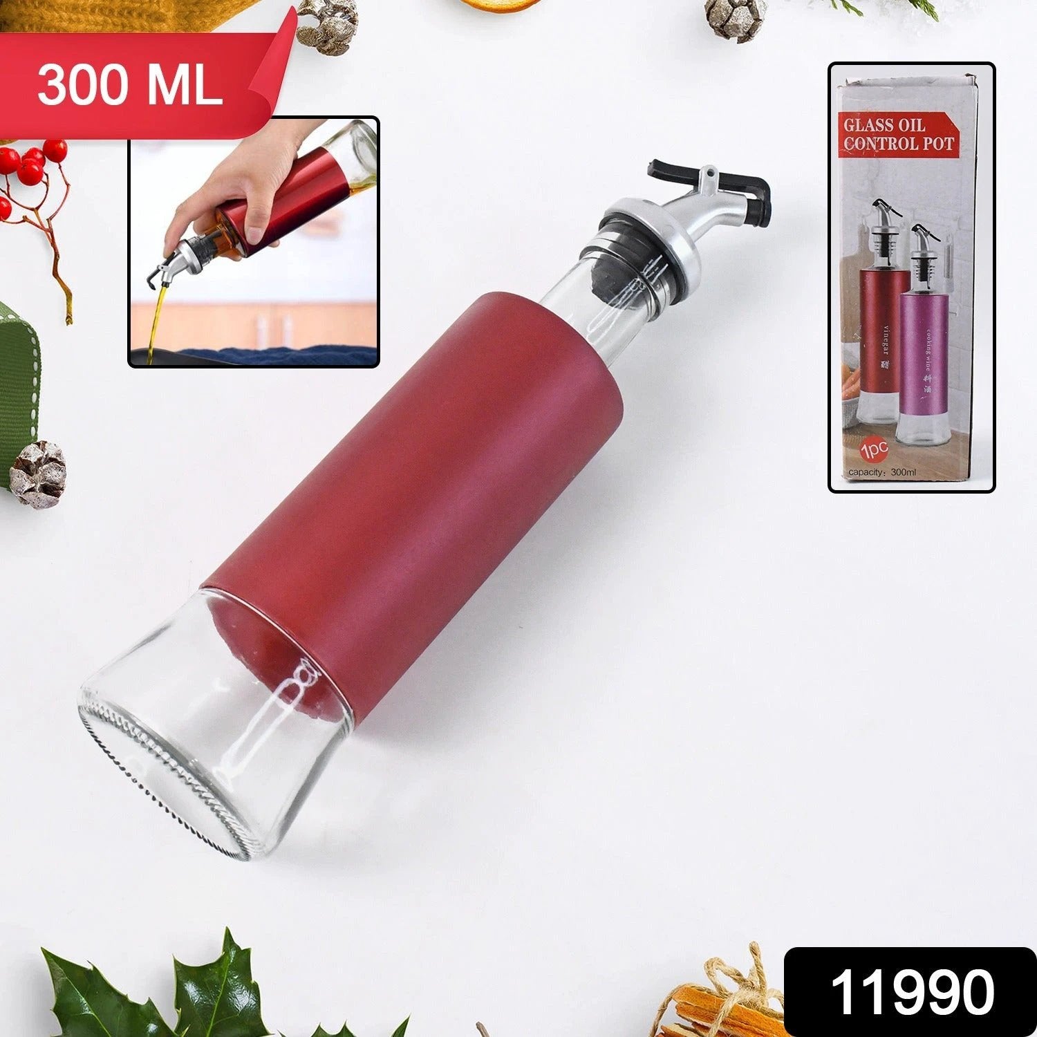 Glass Oil Dispenser With Plastic Covering Oil And Vinegar Bottle (300 Ml) by Wukusy