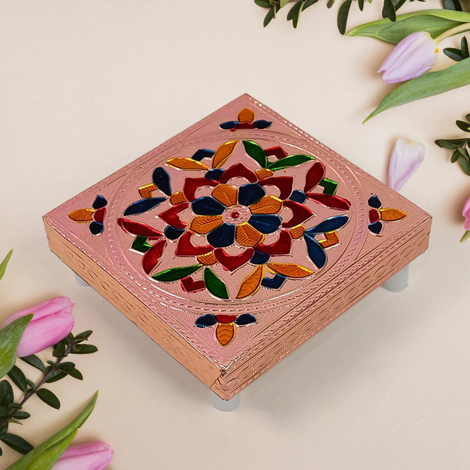 Handicraft Meenakari Wooden Chowki Puja Bajot For Home Office Decor For Puja Multicolour (1 Pc Set) by Wukusy