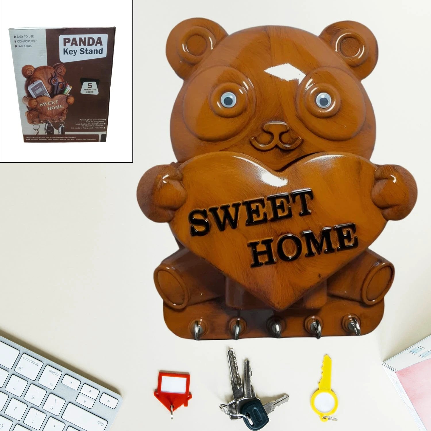 Cute Plastic Panda Key Holder Wall Key Rack With 5 Hooks (1 Pc) by Wukusy