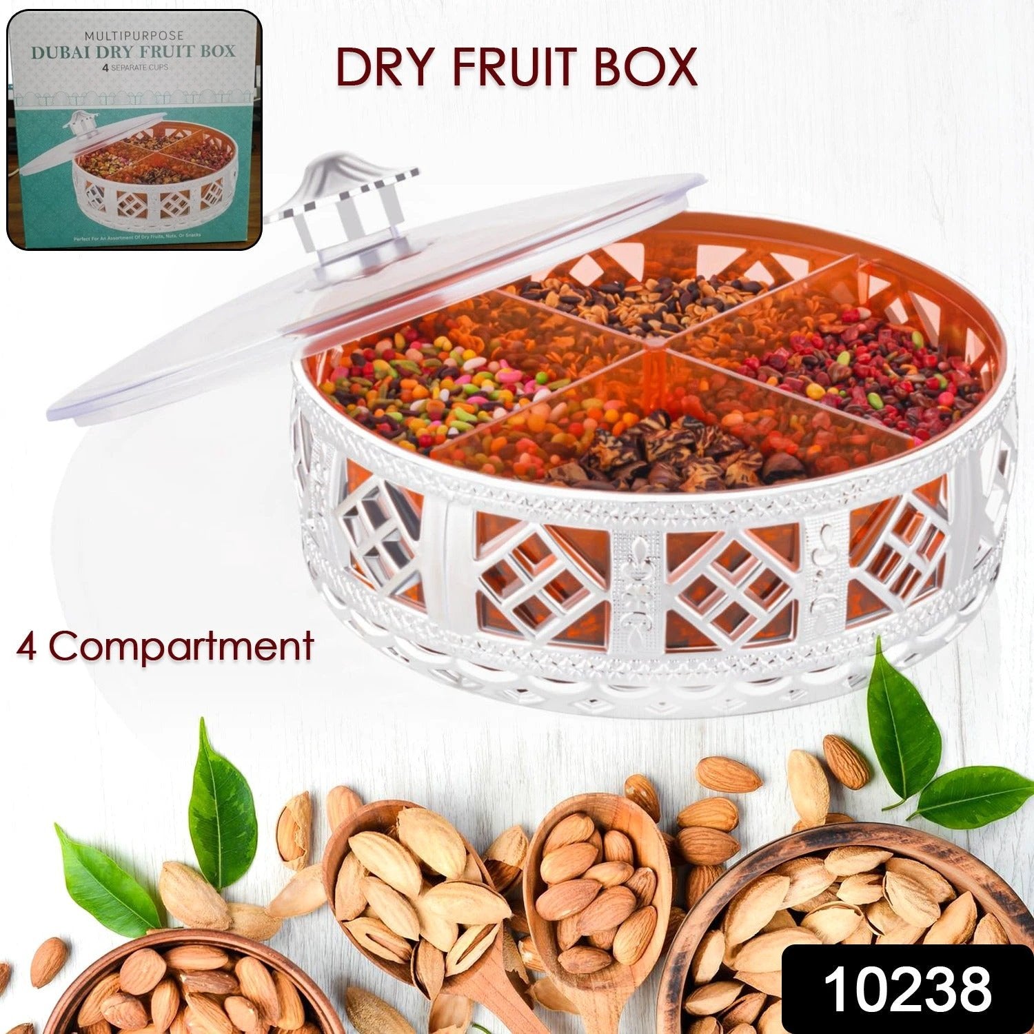Multipurpose Dry Fruit Box 4 Section Dry Fruit Round Silver Gift Box (1 Pc) by Wukusy