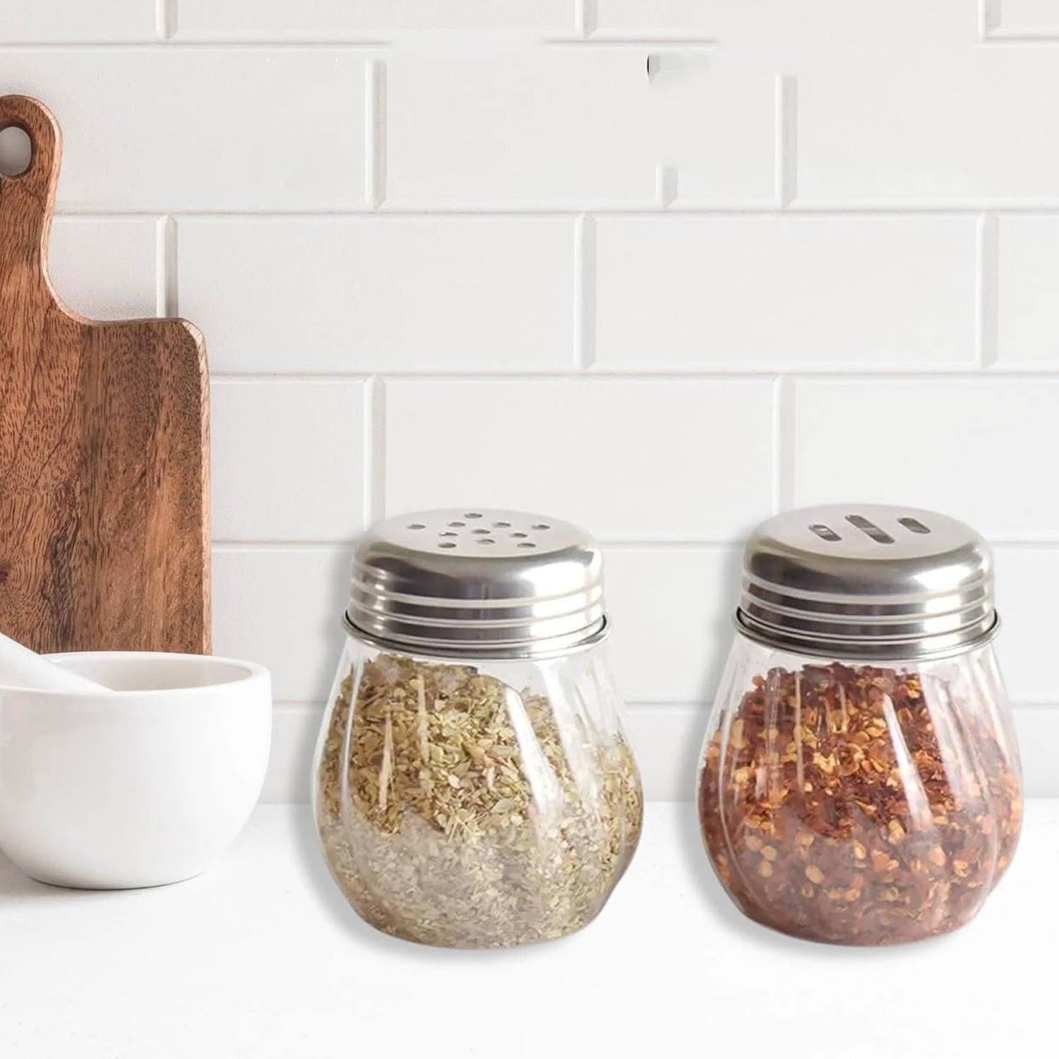 Apex Oregano Chilli Flakes Dispenser Set 2 Pcs Glass Spice Shaker With Stainless Steel Lid by Wukusy