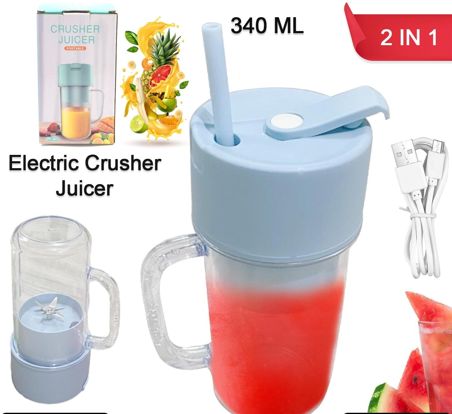 5841 2 In1 Portable Crusher Juicer With Handle  Straw For Smoothie Sipper Usb Rechargeable (340 Ml) 6 Stainless Steel Blades Compact Juicer Mixer Juicer Portable Fresh Juice Blender Portable Electric Juicer ( 340 Ml )