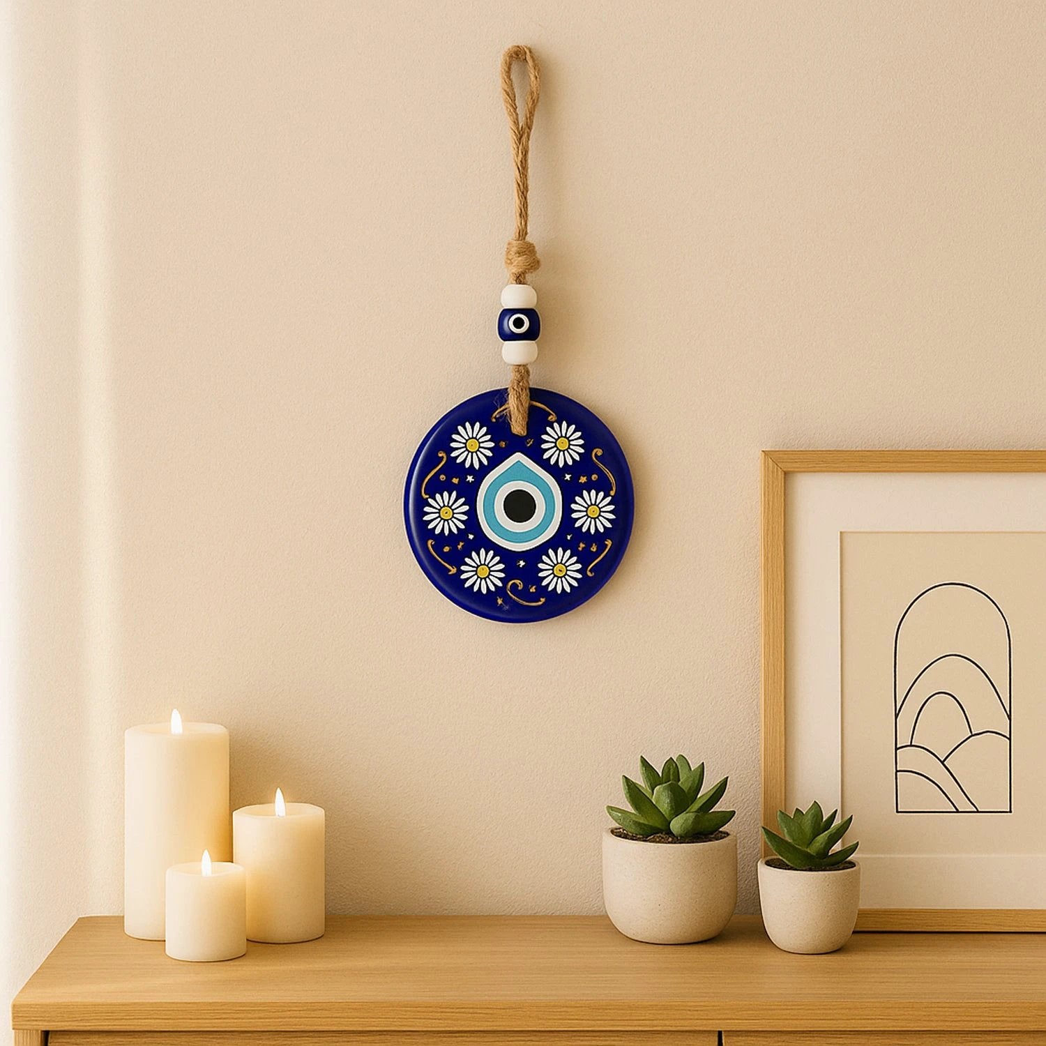 Decorative Evil Eye Wall Hanging Nazar Protector Charm With Beads Wind Chime (1 Pc) by Wukusy