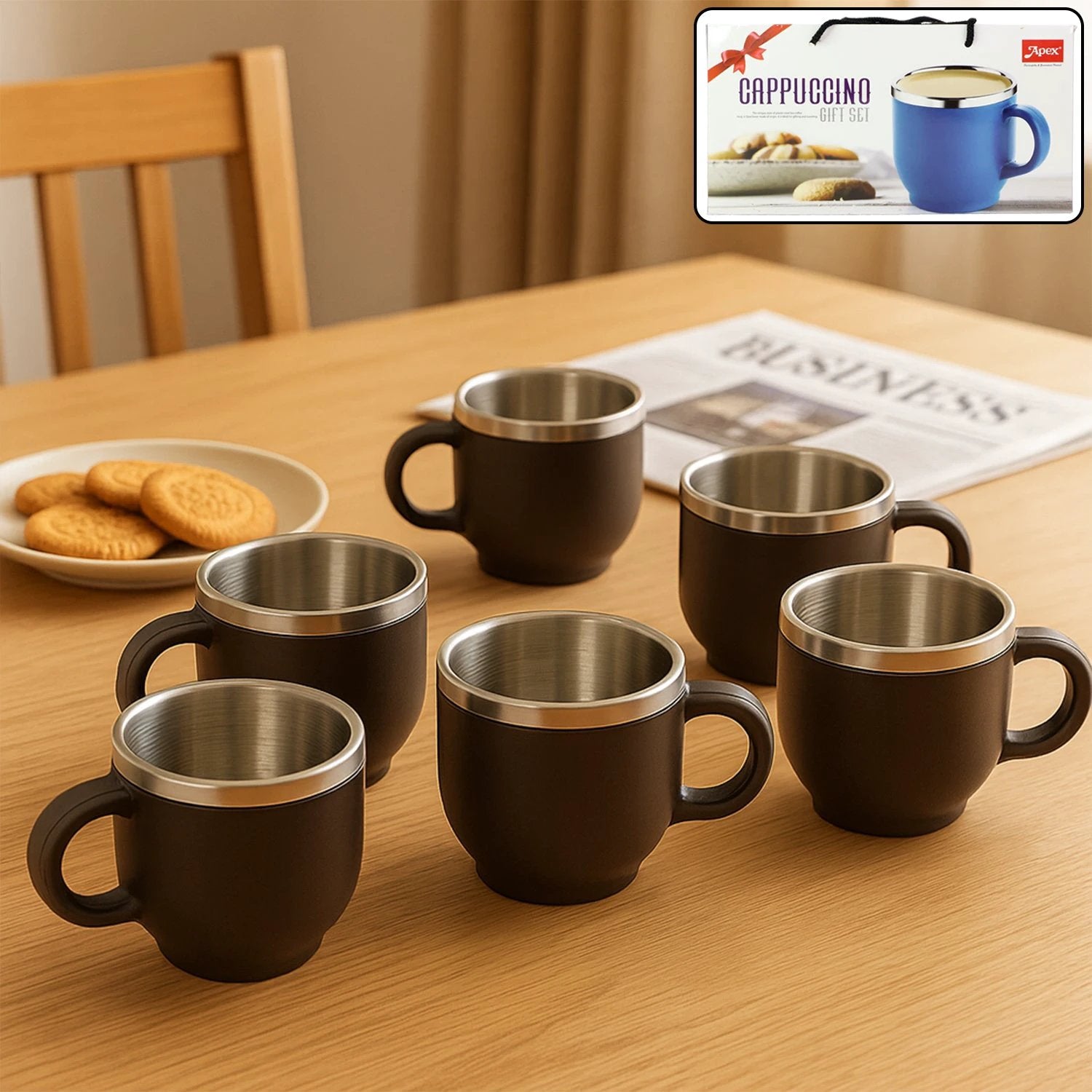 Apex Premium Double Wall Stainless Steel Cappuccino Mug Gift Set (6 Pc  100 Ml) - 69KART
