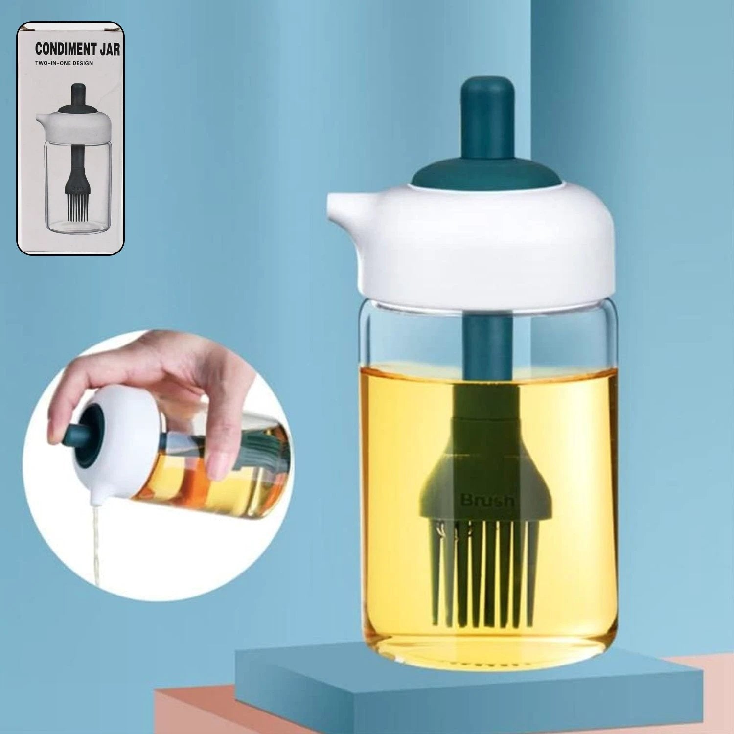 2 In 1 Glass Oil Dispenser Jar  Bottle With Brush (1 Set) - 69kart
