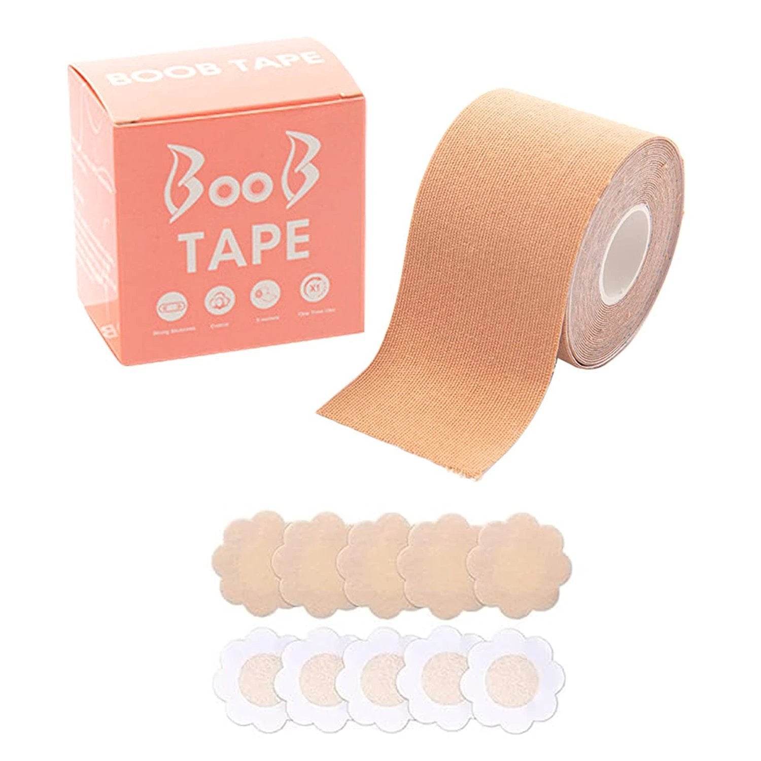 6596 Boob Tape With 10 Pairs Nipple Cover Cotton Wide Thin Breast Tape - Womens Girls Breast Lift Booby Tape - Push Up Lifting Tape - Suitable For All Breast Types - Breast Lift Bra Tape - Bob Tape For Natural Breast Lift (1 Pc 5 Meters) by Wukusy