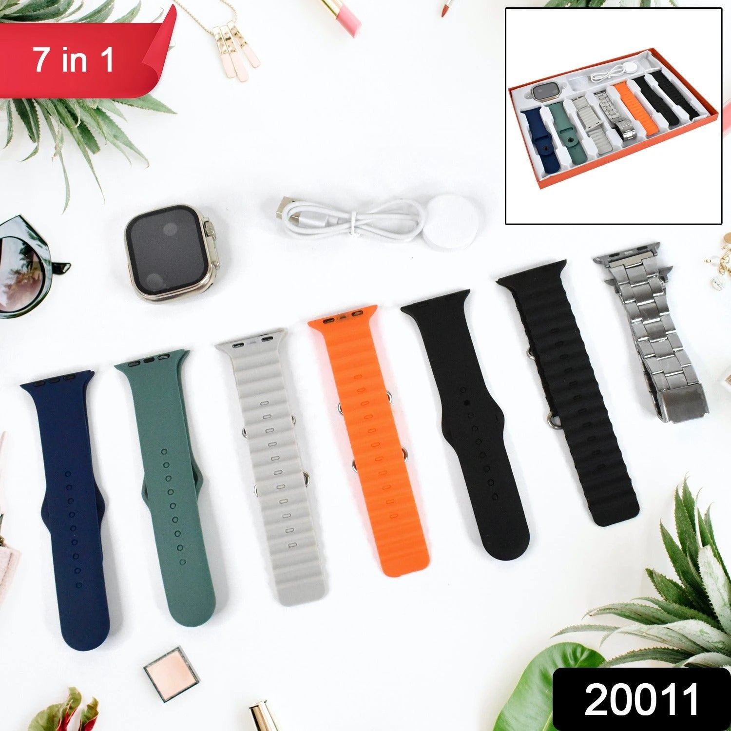 7 In 1 Ultra Smart Watch Combo With Seven Classic Straps  Transparent Screen Guard (1 Set  Mix Color) - 69KART