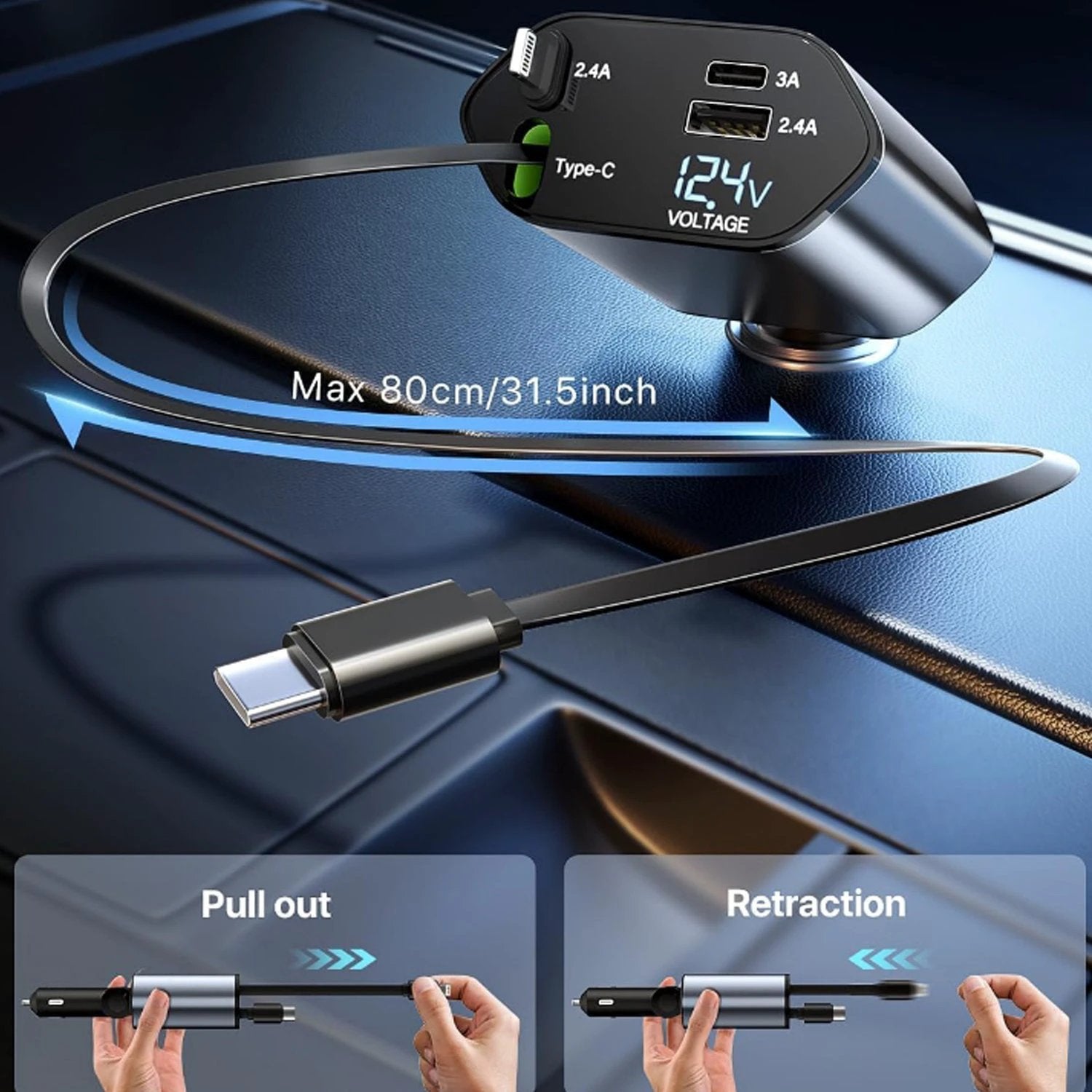 4-in-1 Super Fast Car Charger With Dual Built-in Cables Dual Usb Ports by Wukusy