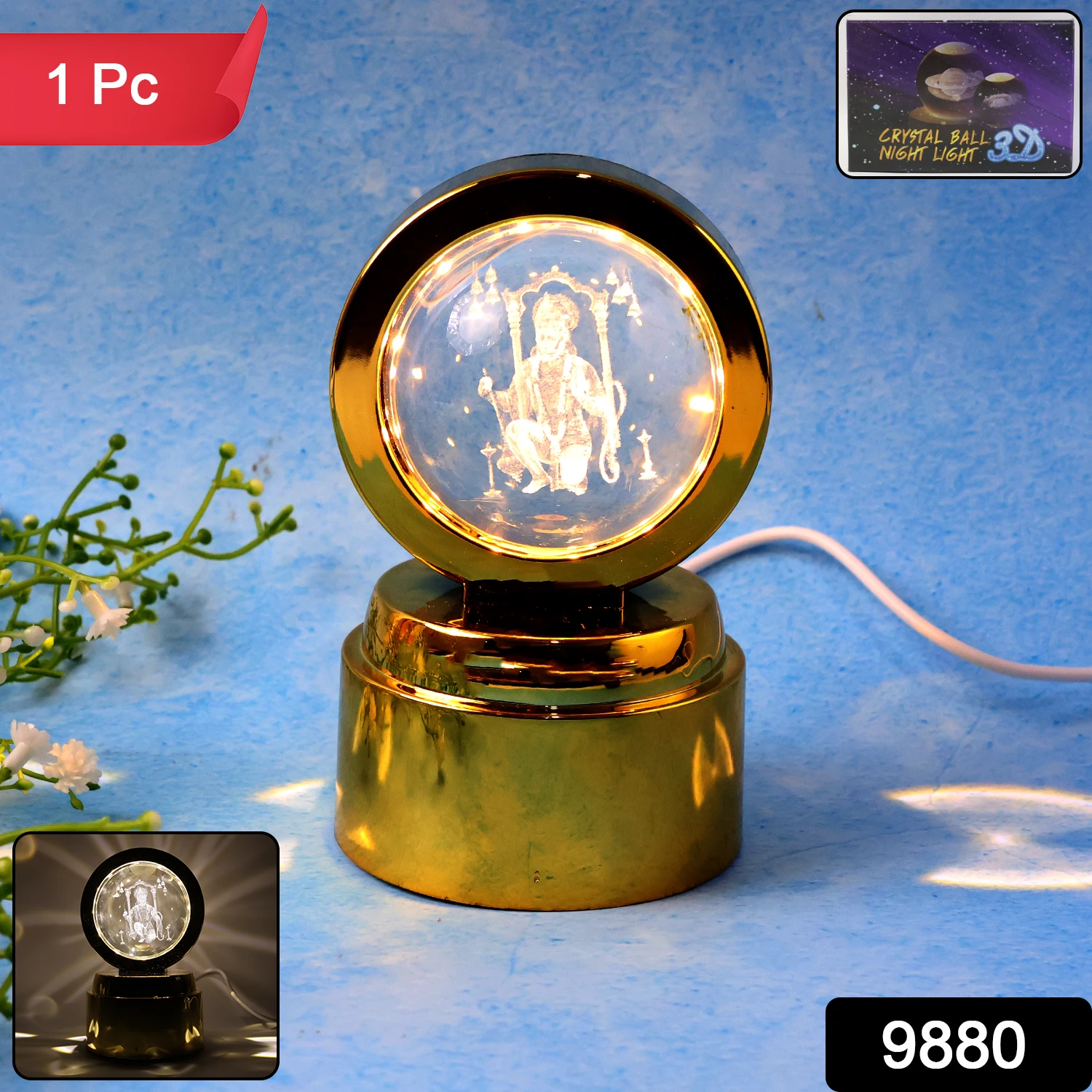 Bajrang Bali 3d Crystal Ball Night Light With Led Illumination (1 Pc) by Wukusy