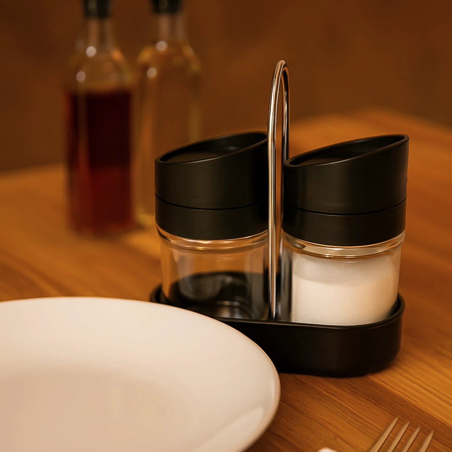 Apex Helix Salt N Pepper 2-piece Plastic Jar Set With Stand by Wukusy