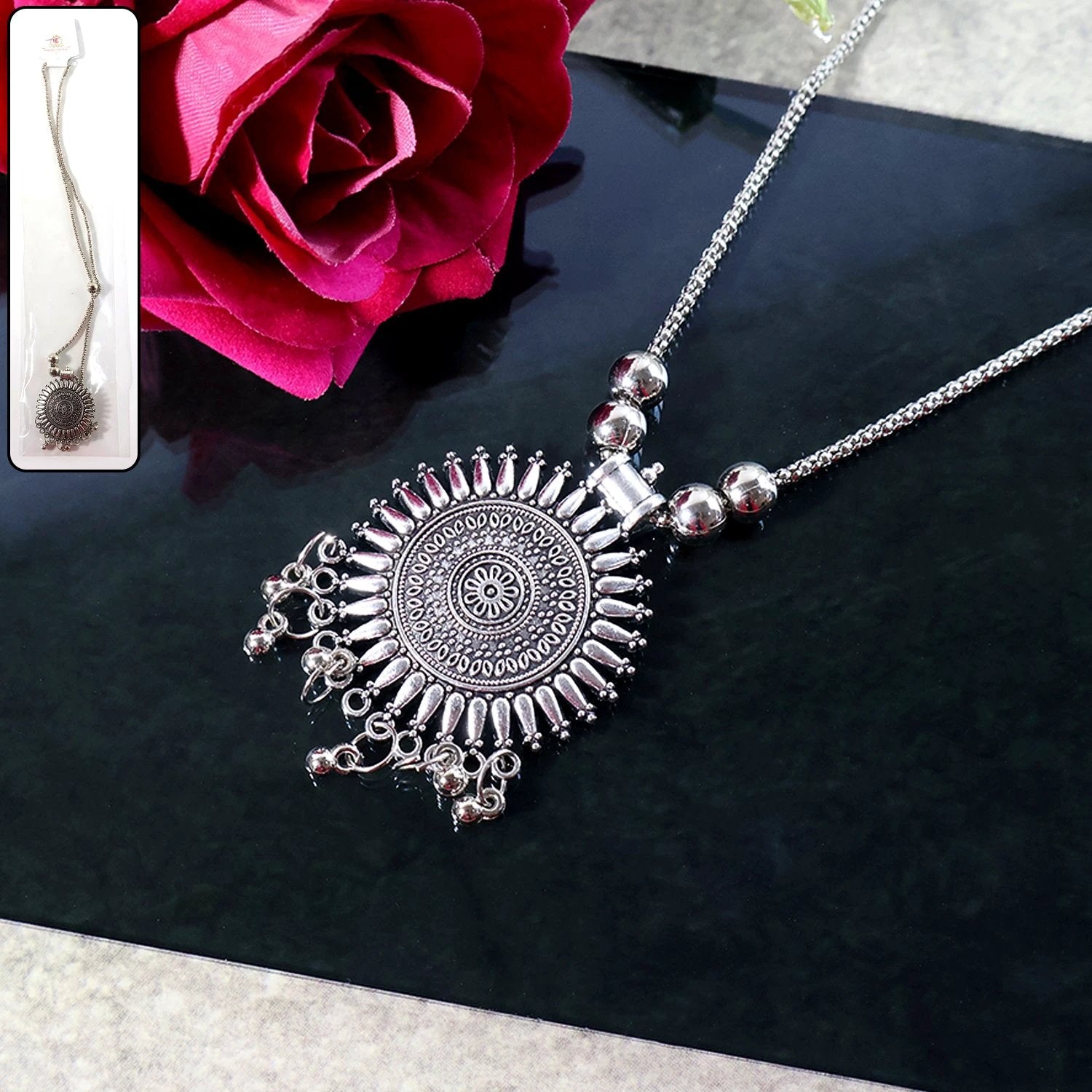 Oxidised Silver Traditional Long Necklace (1 Pc) - 69kart