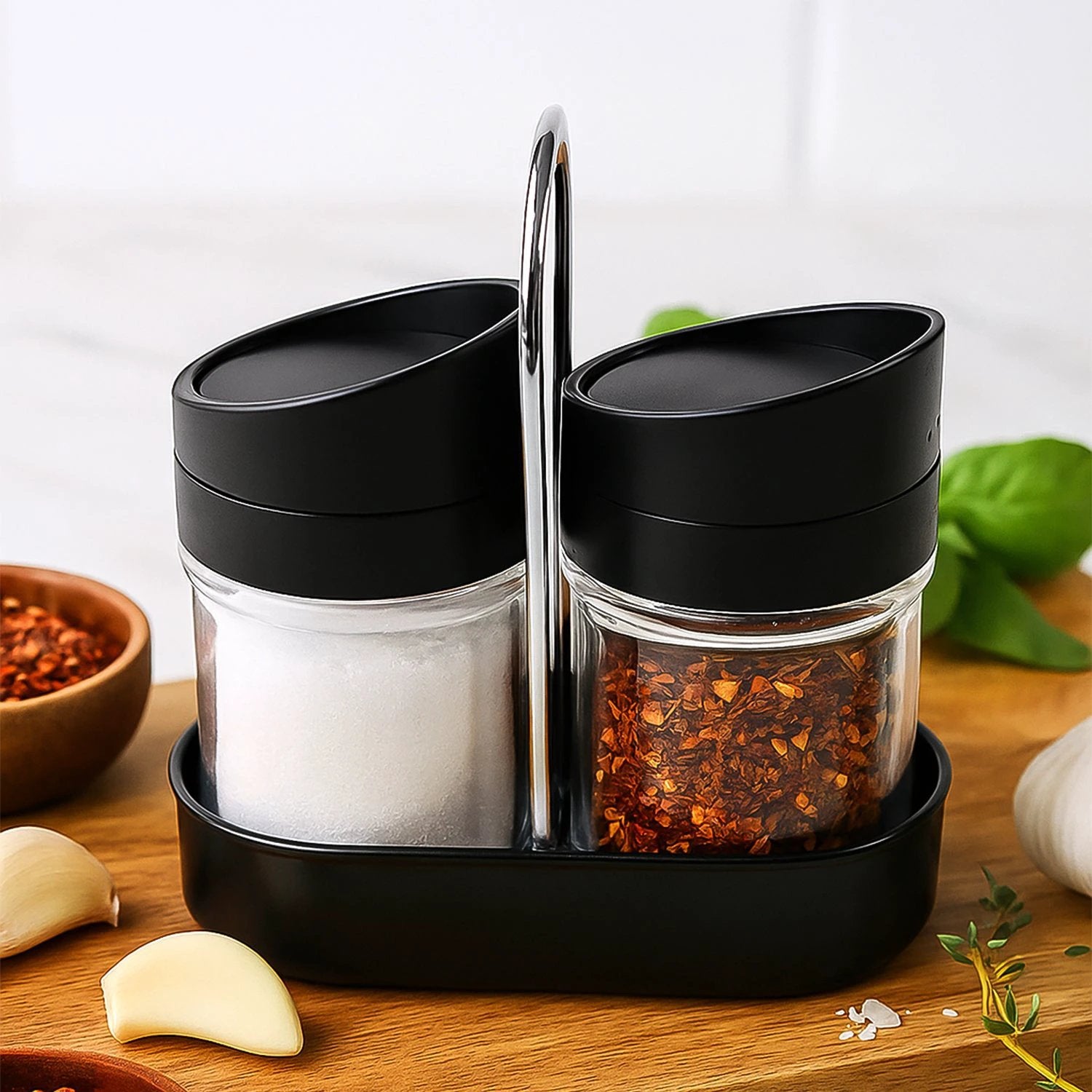 Apex Helix Salt N Pepper 2-piece Plastic Jar Set With Stand by Wukusy