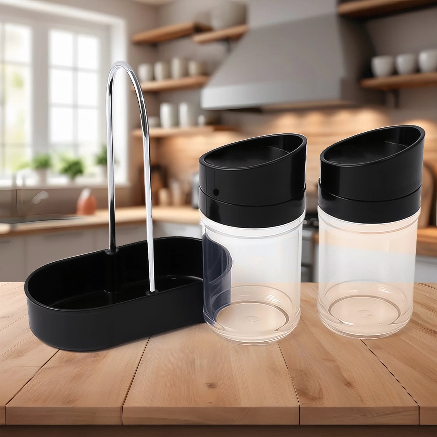 Apex Helix Salt N Pepper 2-piece Plastic Jar Set With Stand by Wukusy