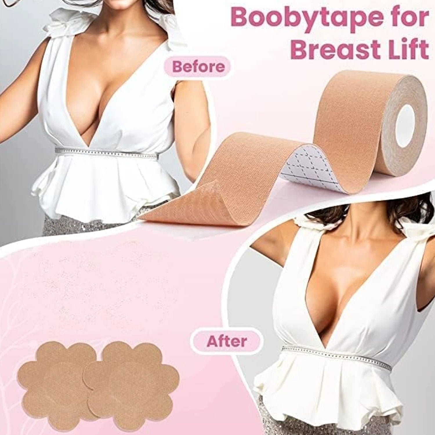 6596 Boob Tape With 10 Pairs Nipple Cover Cotton Wide Thin Breast Tape - Womens Girls Breast Lift Booby Tape - Push Up Lifting Tape - Suitable For All Breast Types - Breast Lift Bra Tape - Bob Tape For Natural Breast Lift (1 Pc 5 Meters) by Wukusy