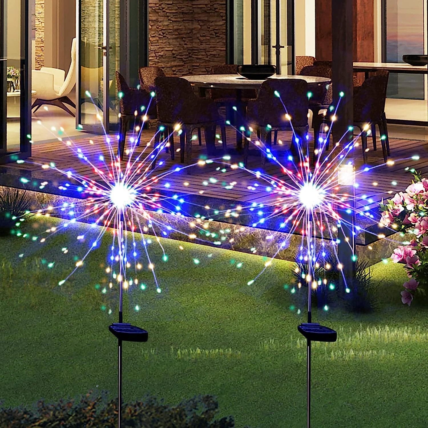Solar Powered Multicolor Starburst Firework Garden Light Set (2 Pc  150 Led) - 69KART