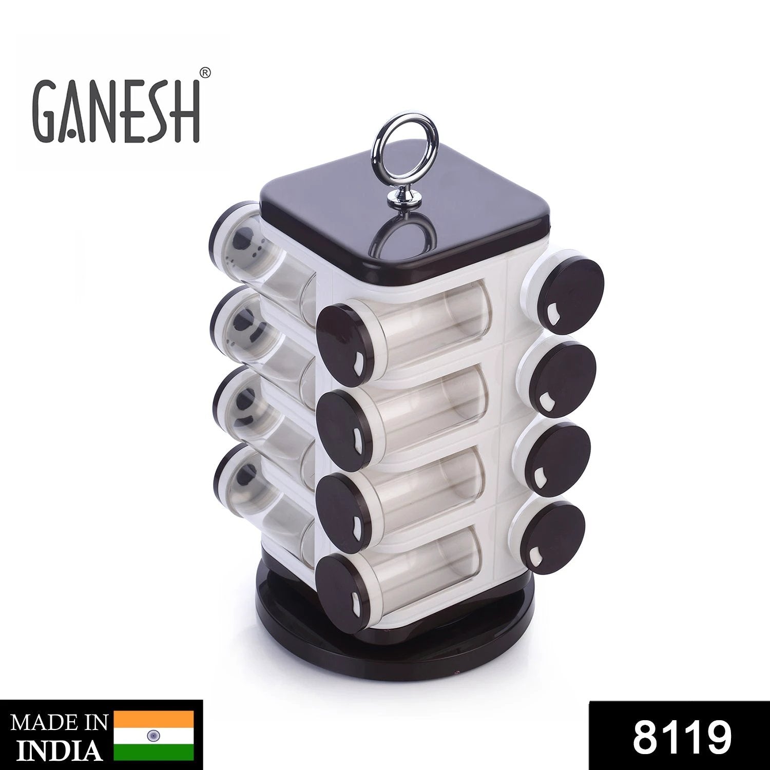 8119 Ganesh Multipurpose Revolving Spice Rack With 16 Pcs Dispenser Each 100 Ml Plastic Spice Abs Material 1 Piece Spice Set 1 Piece Spice Set  (Plastic) - 69KART