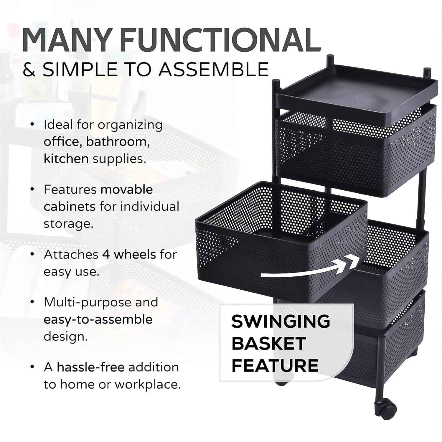 Metal Square High Quality Kitchen Trolley With Wheels (4 Layer  1 Pc) - 69KART