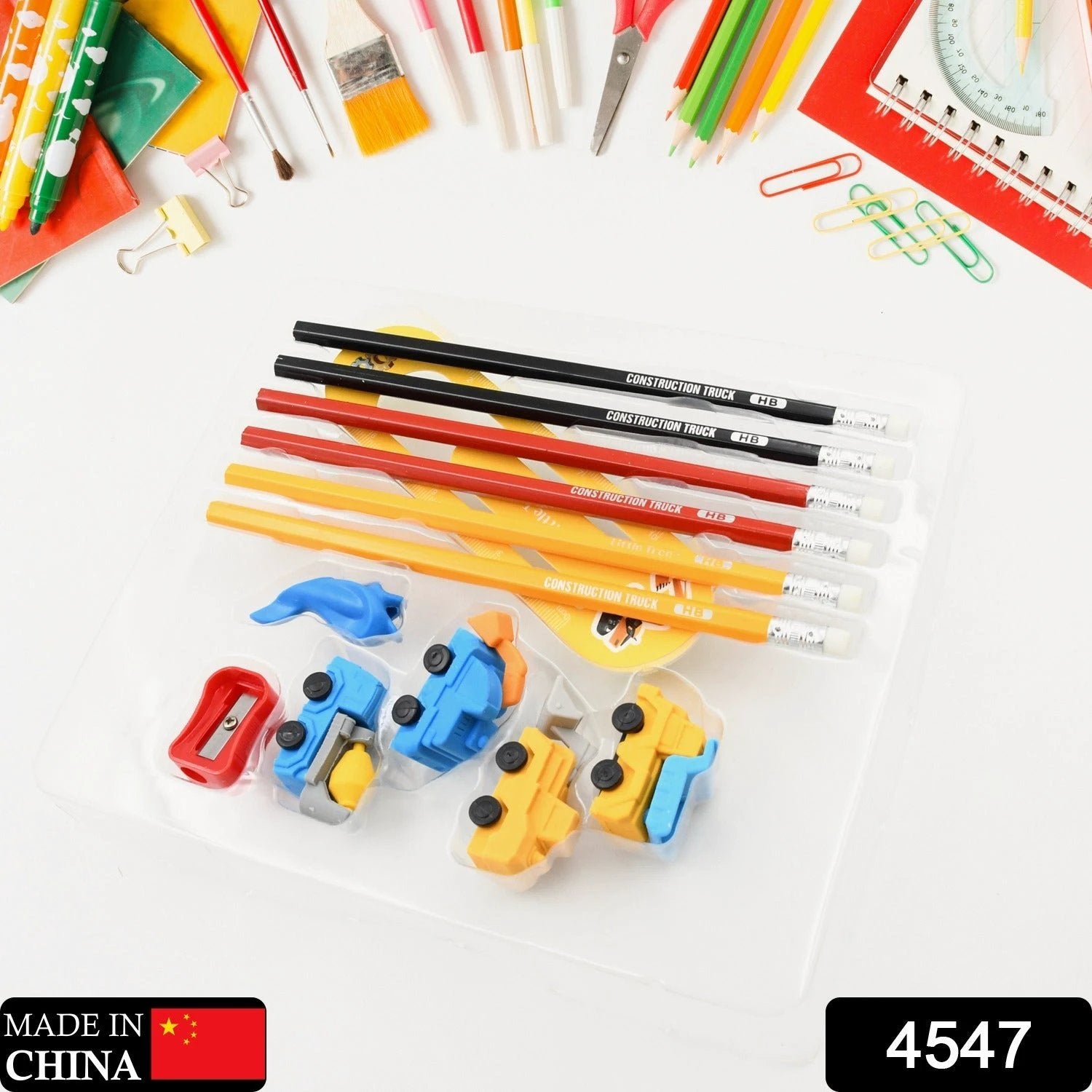 4547 Pencil And Eraser Set Construction Truck Theme Stationery Kit Includes 6 Pencils 4 Erasers 1 Sharpener 1 Ruler Bookmark 1 Pencil Cap Stationary For Birthday Gifts For Kids Birthday Return Gifts (13 Pc Set) - 69KART