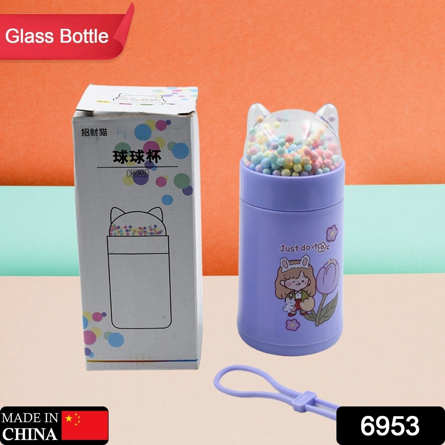 6953 Girl Glass Water Bottle For School With Kid Sparkle Strap Cat Lid Sequins Glitter Glass Cup Birthday Gift Children 350ml (Moq - 80 Pc) - 69KART