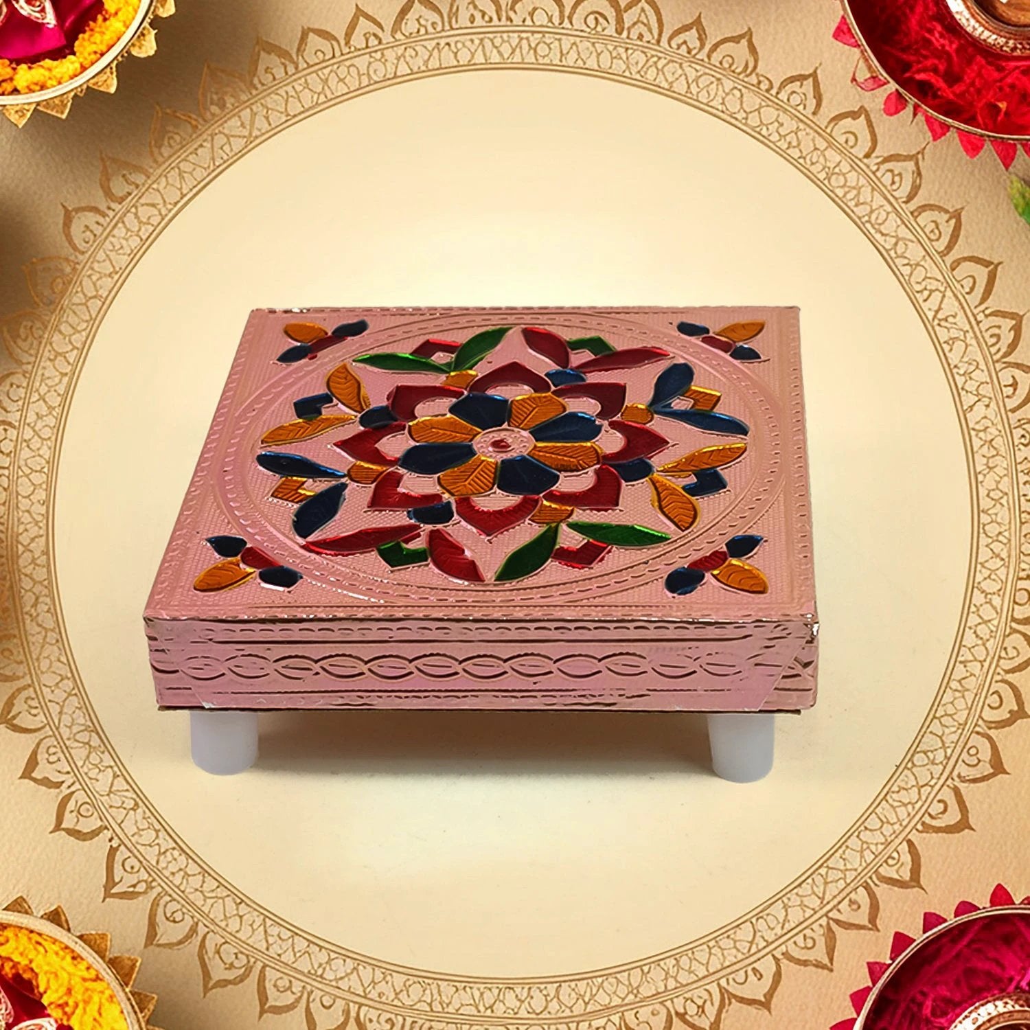 Handicraft Meenakari Wooden Chowki Puja Bajot For Home Office Decor For Puja Multicolour (1 Pc Set) by Wukusy