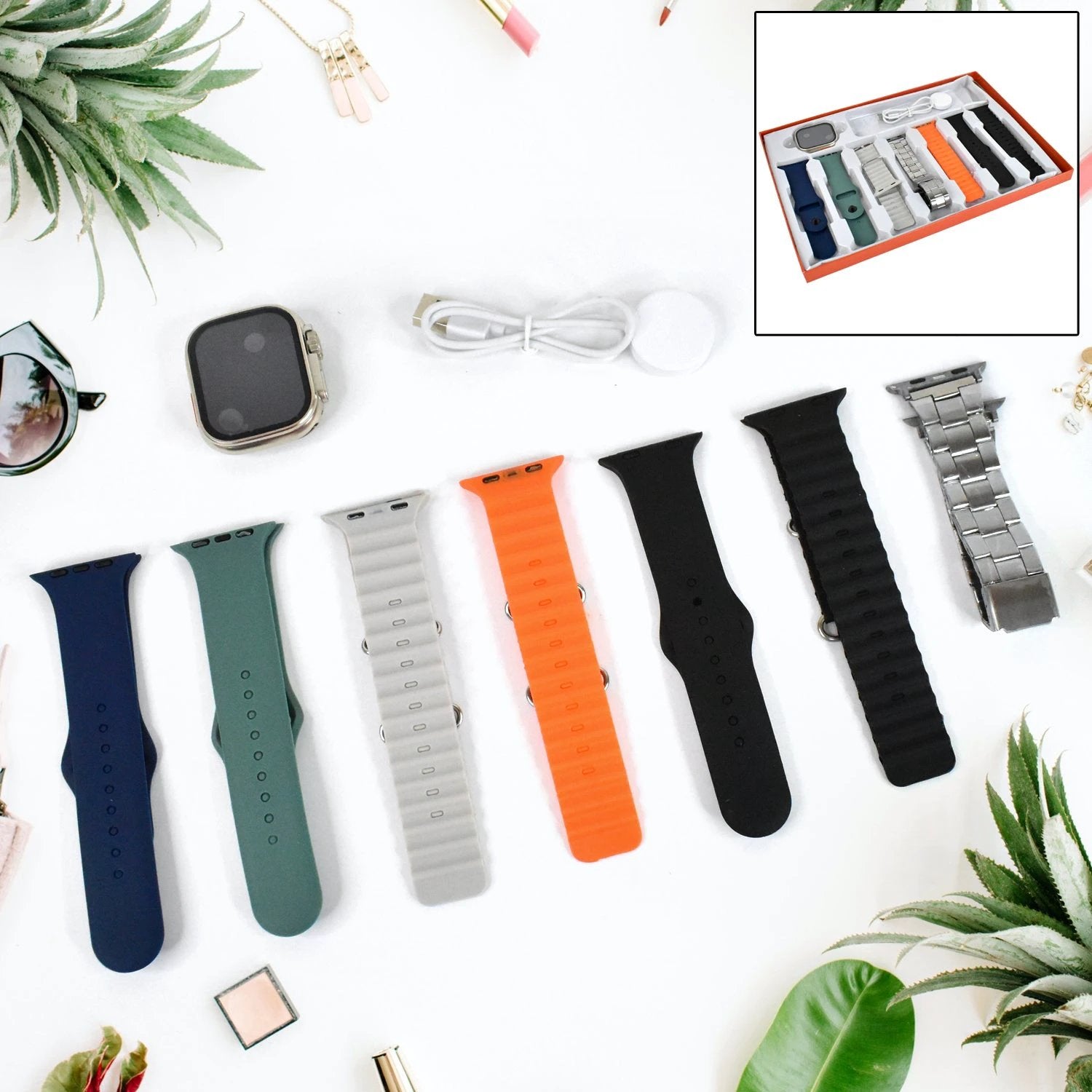 7 In 1 Ultra Smart Watch Combo With Seven Classic Straps  Transparent Screen Guard (1 Set  Mix Color) - 69KART