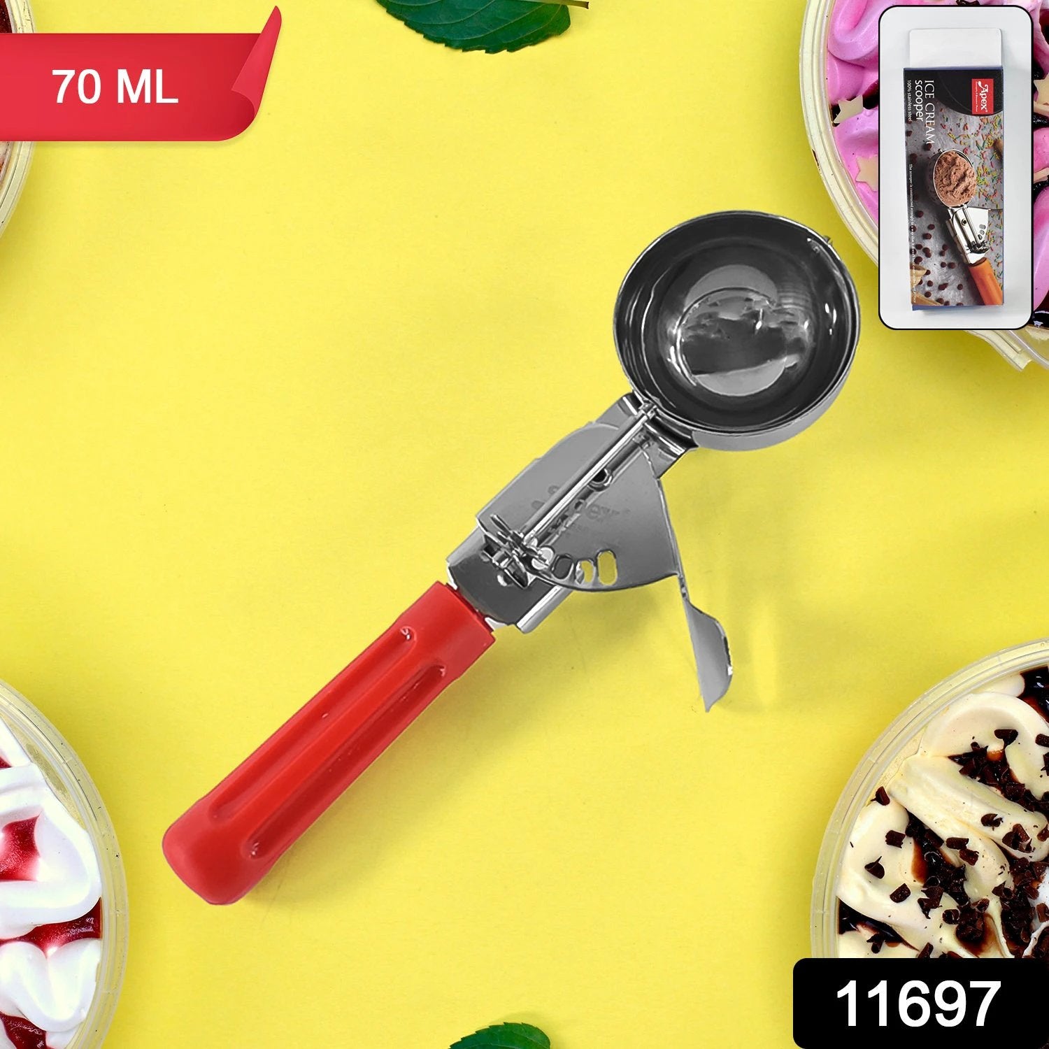 Apex Ice Cream Scoop  70 Ml Stainless Steel Head With Ergonomic Handle (1 Pc) - 69KART
