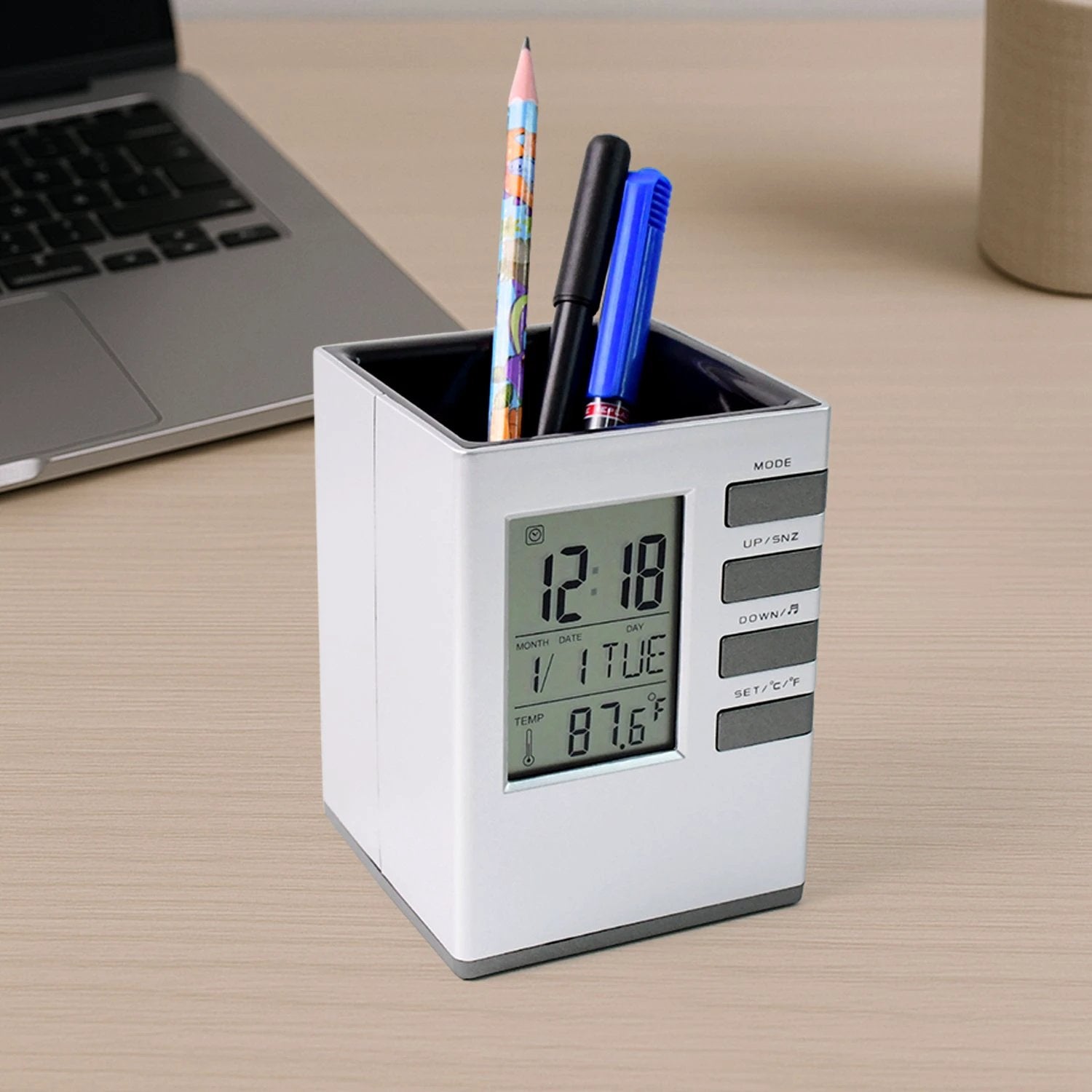 Multifunction Cube Digital Desk Clock With Pen Holder (1 Pc) by Wukusy