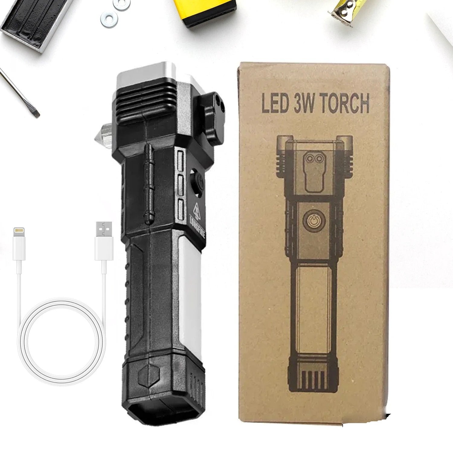 1524 Portable 3w Rechargeable Torch Led Flashlight Long Distance Beam Range Hammer And Strong Magnets Window Glass And Seat Belt Cutter 4 Modes For Car Camping Hiking Indoor Outdoor by Wukusy