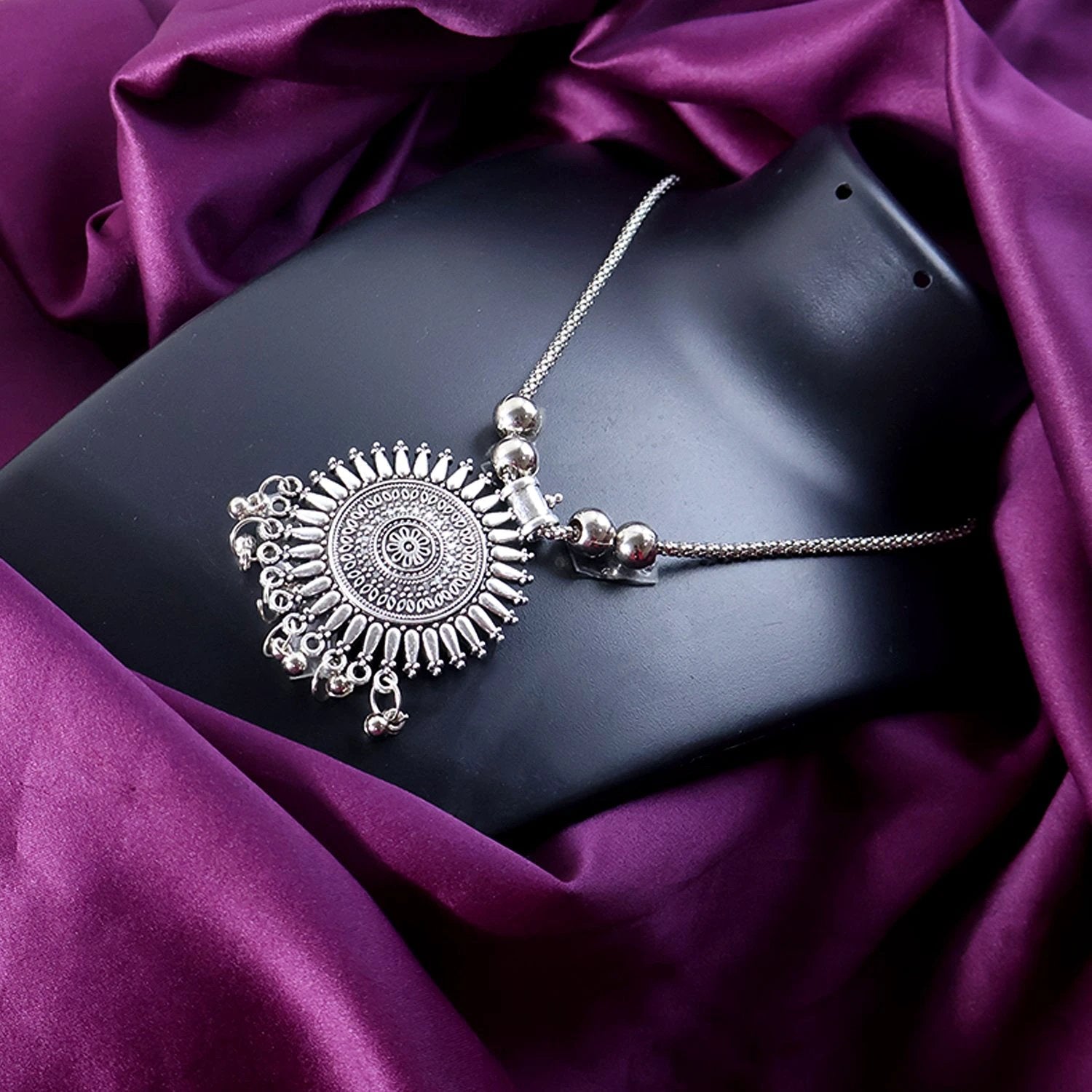 Oxidised Silver Traditional Long Necklace (1 Pc) - 69kart