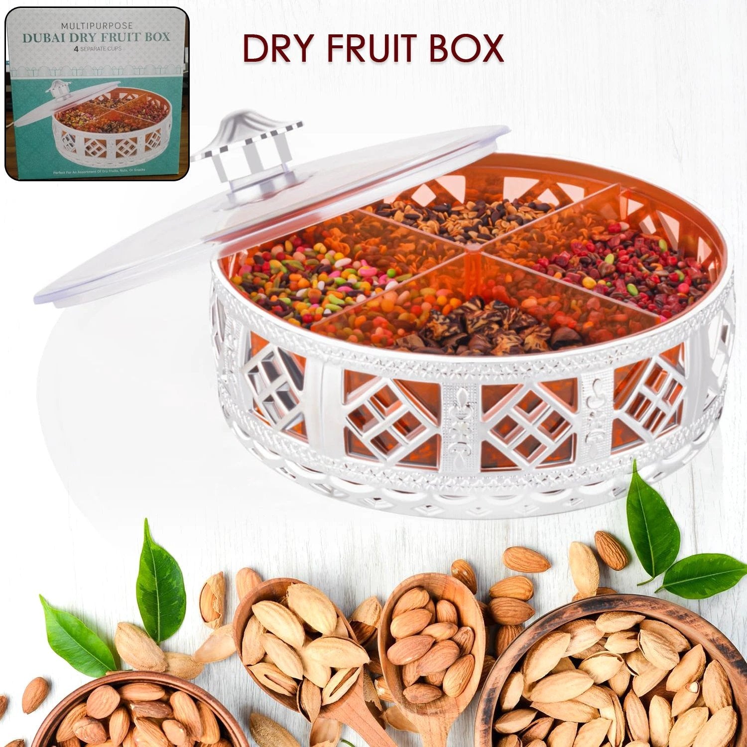 Multipurpose Dry Fruit Box 4 Section Dry Fruit Round Silver Gift Box (1 Pc) by Wukusy