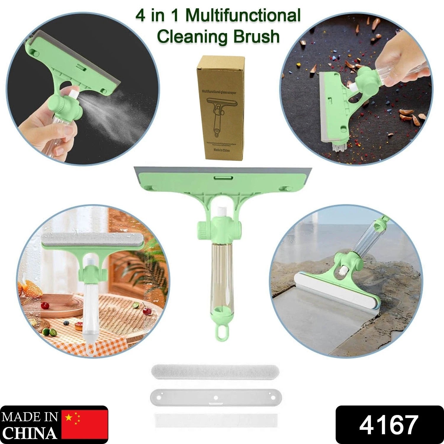 4167 4 In 1 Multifunctional Glass Scraper Window Glass Wiper With Watering Can Silicon Cleaning Squeegee With Two Brush Heads Practical Squeegee For Shower Doors Windows Tiles And Car Glass by Wukusy