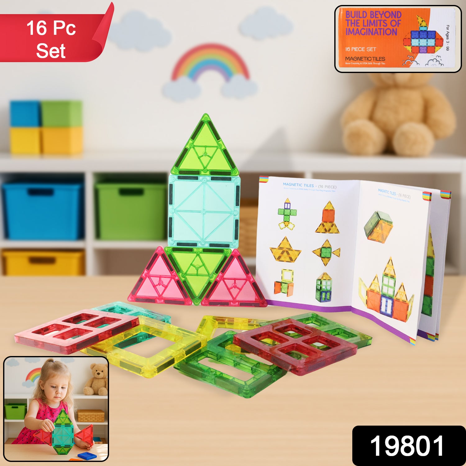 Magnetic Building Tiles Construction Toy Set (16 Pc  Set)