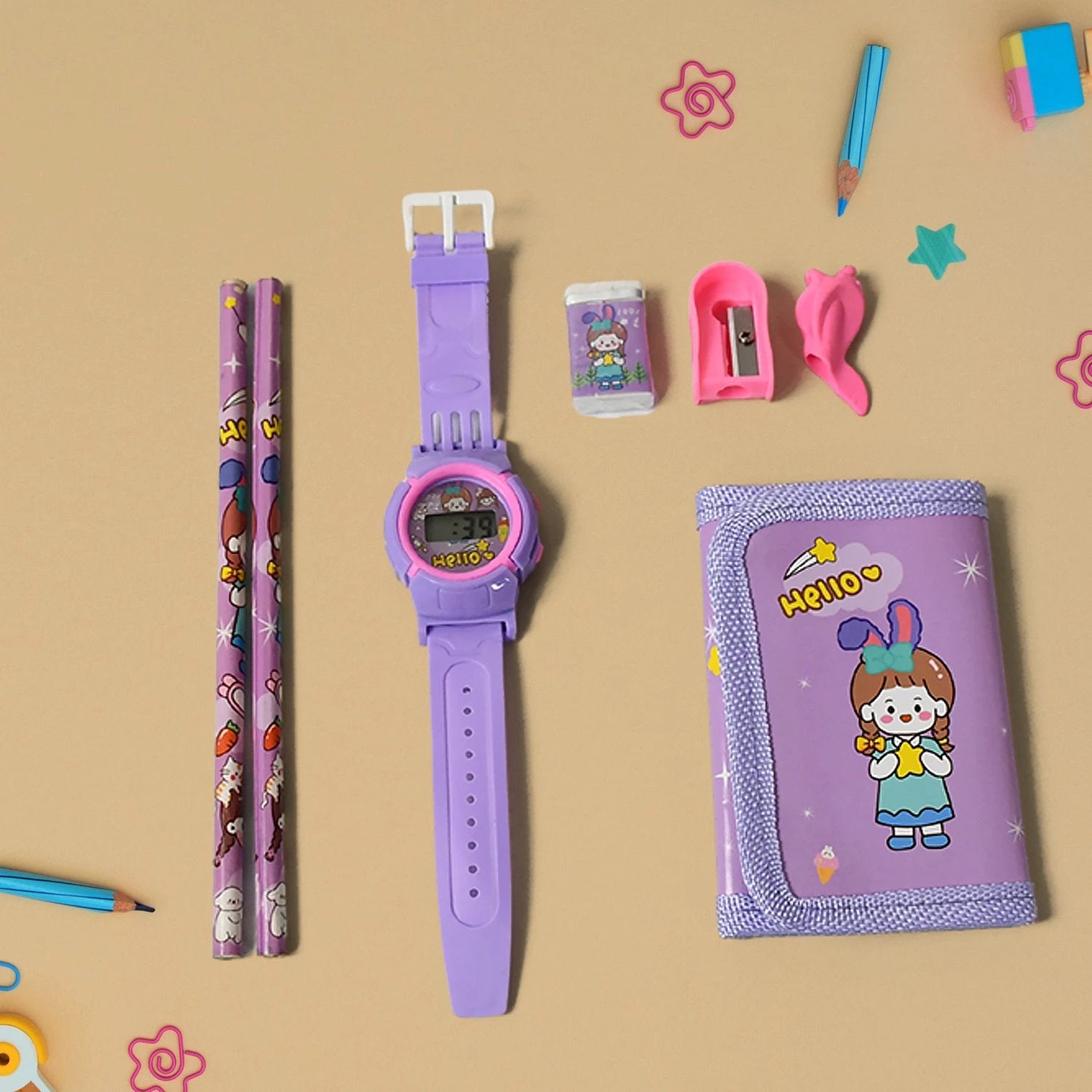 17526 Stationery Set For Girls And Boys  Kids Return Gift - 7 In 1 School Items For Kids-pencils Eraser Sharpener Pouch Pencil Extender  Birthday Gift Idea Stationary Kit Set For School Kids (Pack Of 7 Pcs Set) - 69KART