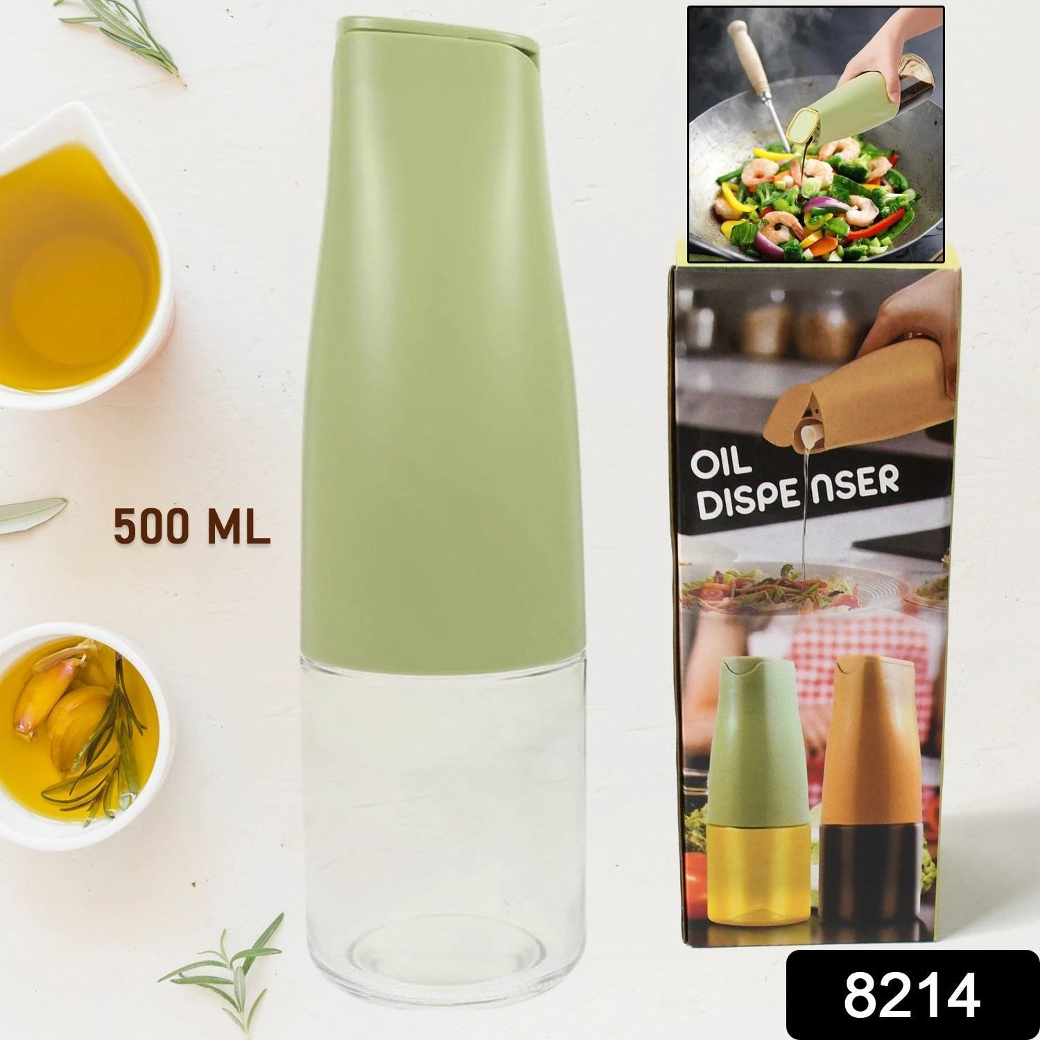 8214 Oil Dispenser 500ml Cooking Oil Dispensing Cruets Oil Bottle With Automatic Open Lid Kitchen Glass Oil Pot Cooking Oil Bottle For Kitchen Grilling Frying (500 Ml) - 69kart