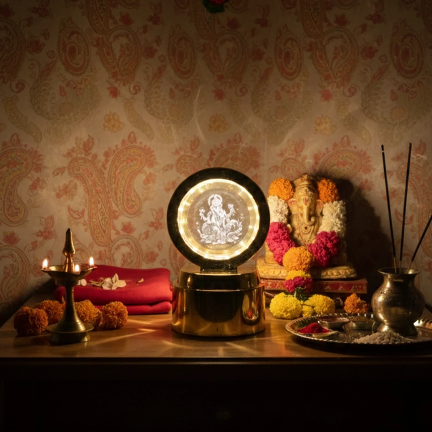 Ganpati Bapa 3d Crystal Ball Night Light With Led Illumination (1 Pc) by Wukusy