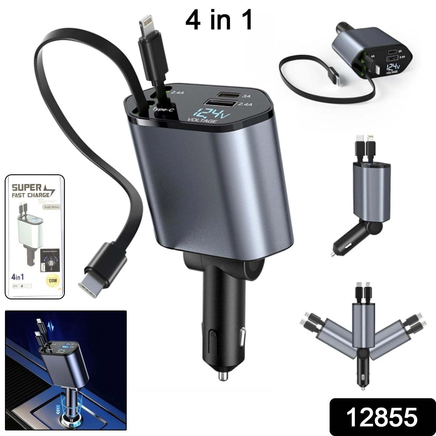 4-in-1 Super Fast Car Charger With Dual Built-in Cables Dual Usb Ports by Wukusy